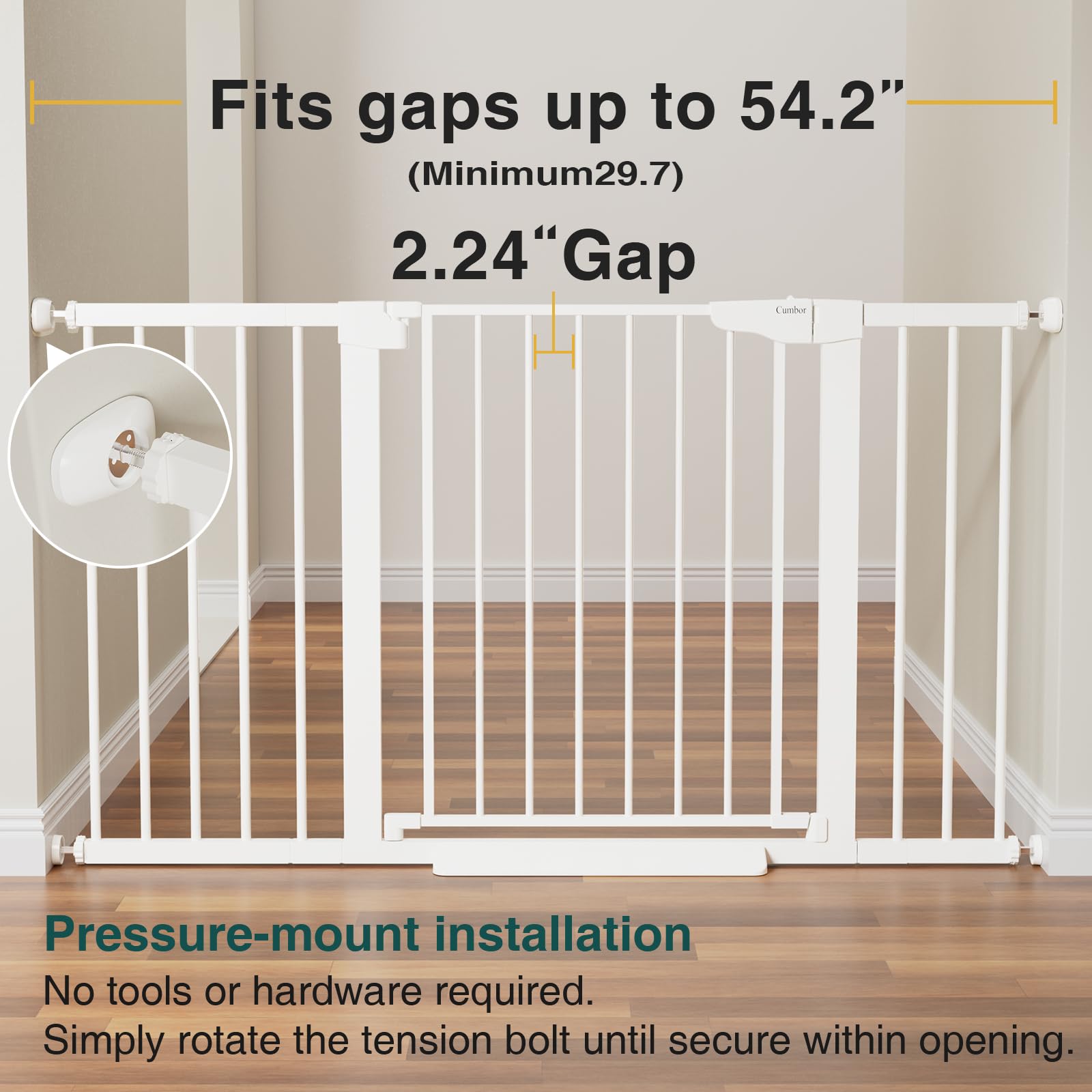 Cumbor 29.7-54.2' Wide Baby Gate For Stairs, Mom'S Choice Awards Winner-Self Closing Dog Gate Indoor For Doorways, No Drilling Pressure Mounted Pet Gates For Kids, Easy Walk Through Safety Gate, White