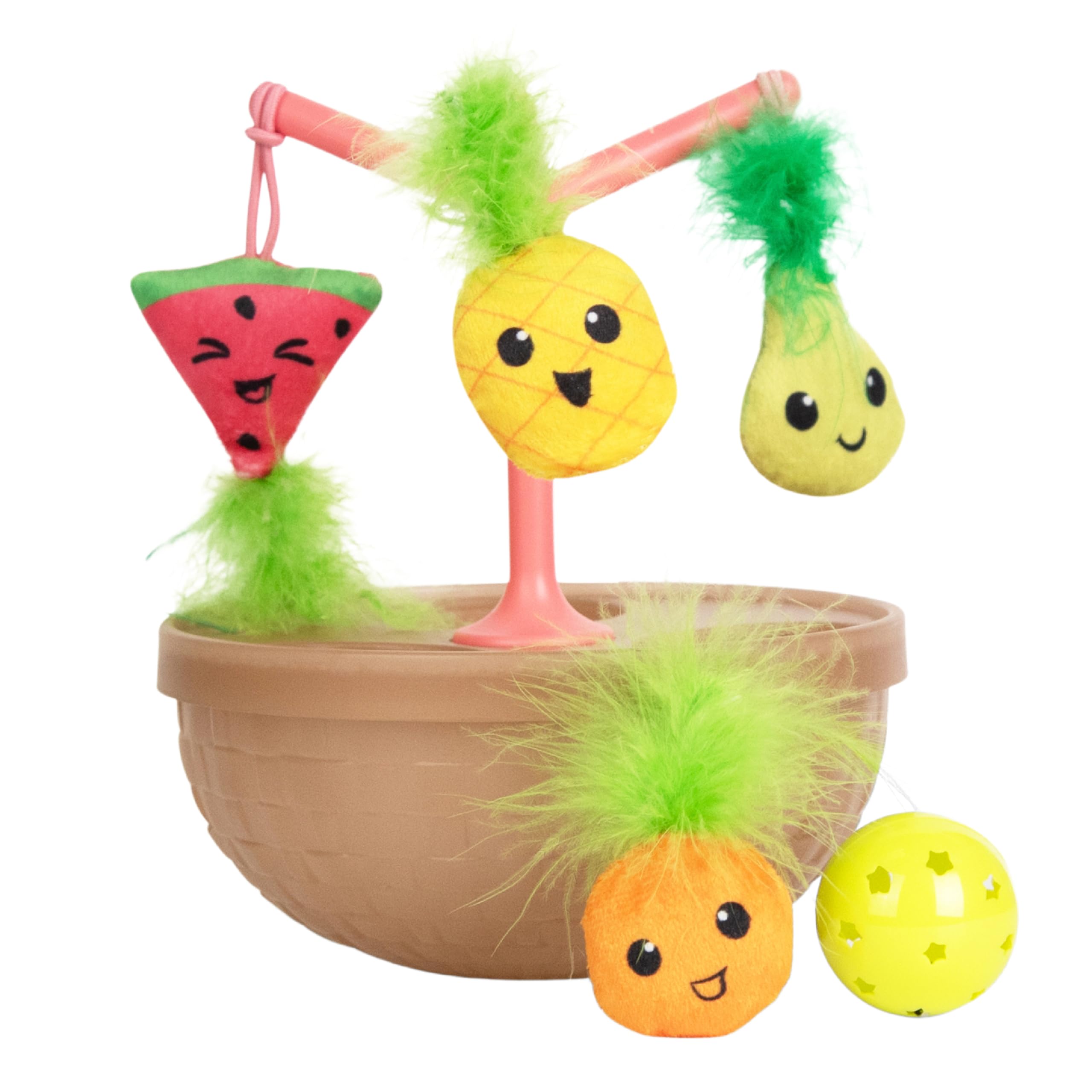 Catstages Hunt N' Wobble Fruit Bowl Wobbling Cat Toy With Five Catnip Toys, Jingle Ball, And Flingers, Multicolored