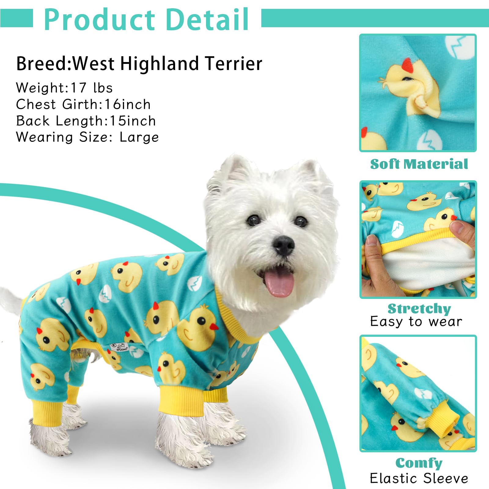 XPUDAC Dog Pajamas - Soft Stretchy Jumpsuit for Small Medium Dogs, Large, Blue, Polyester Blend