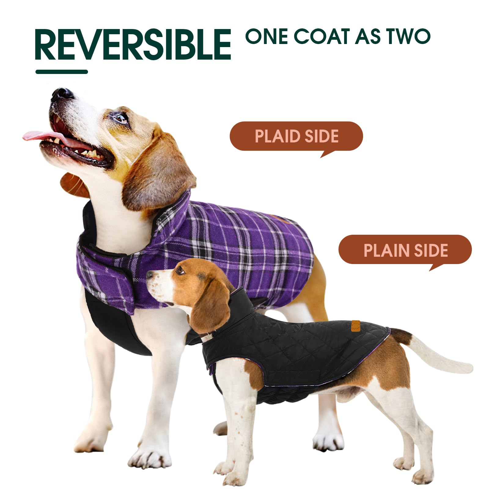 Kuoser Reversible Waterproof Winter Coat For Small, Medium And Large Dogs - Plaid Style With Cozy Vest For Cold Weather - Purple