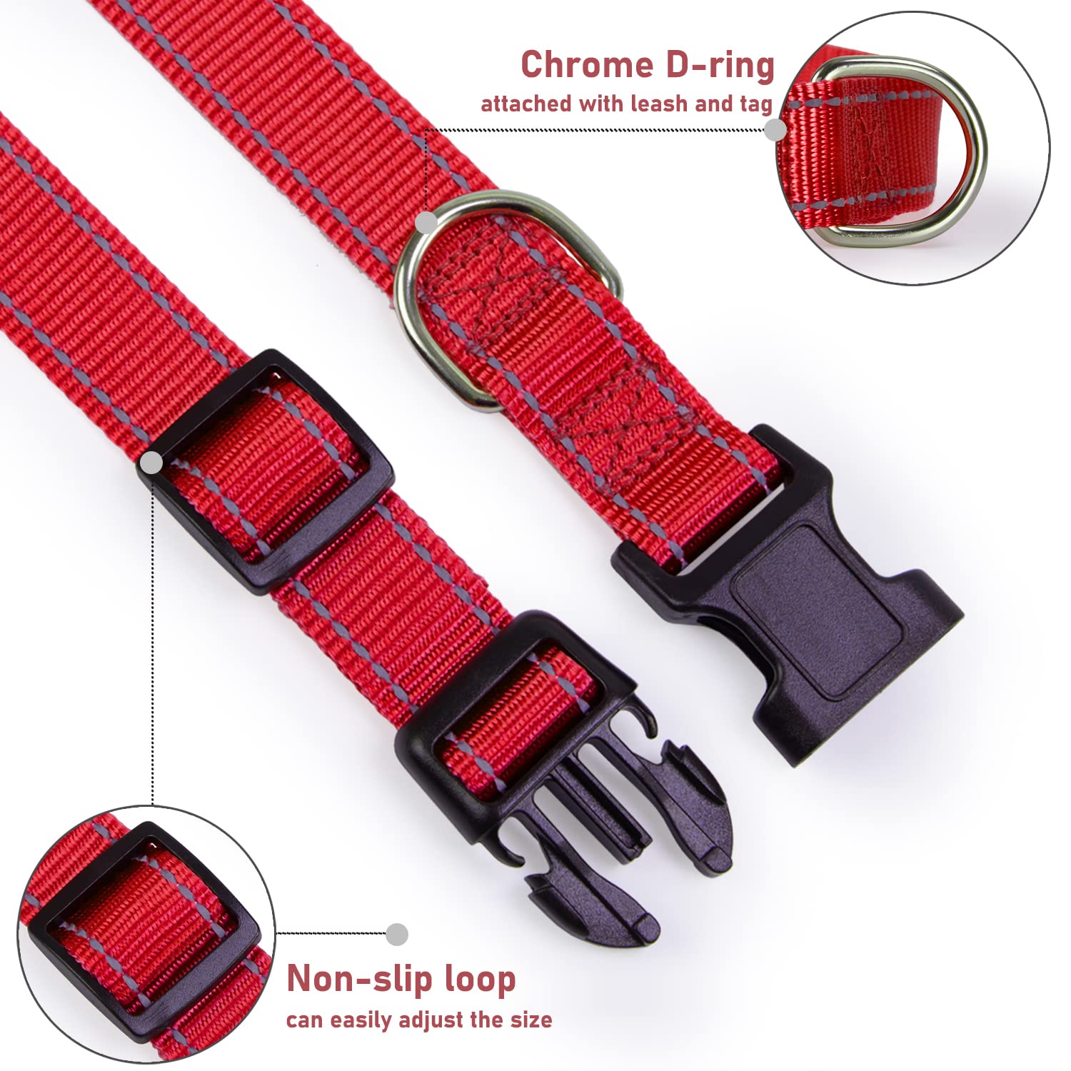 Reflective Dog Collar With Buckle Adjustable Safety Nylon Collars For Small Medium Large Dogs, Red M