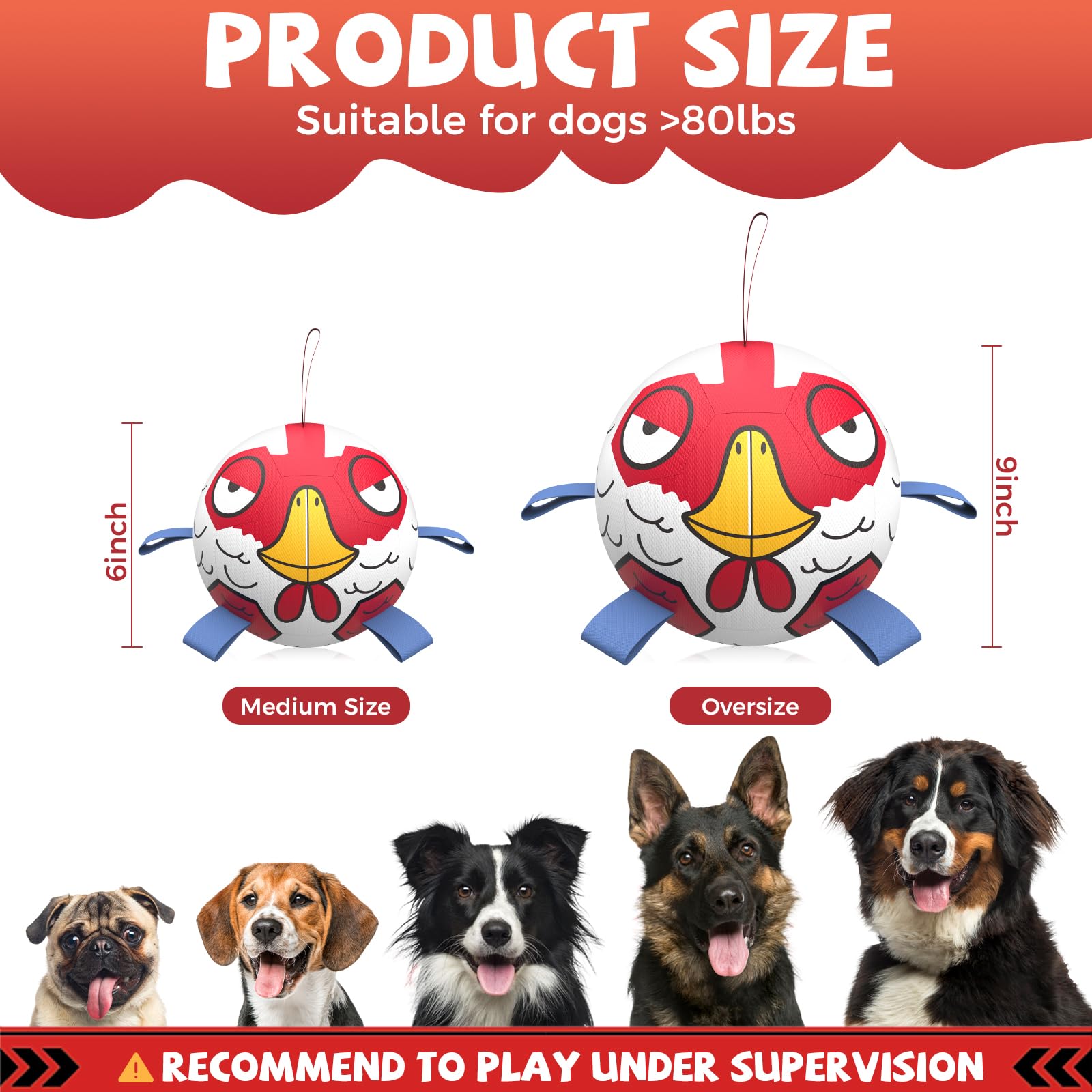 Qdan Dog Toys Soccer Ball With Straps - Durable Extra Large Dog Balls, Beach Pool Water Toys, Herding Balls (9 Inch)