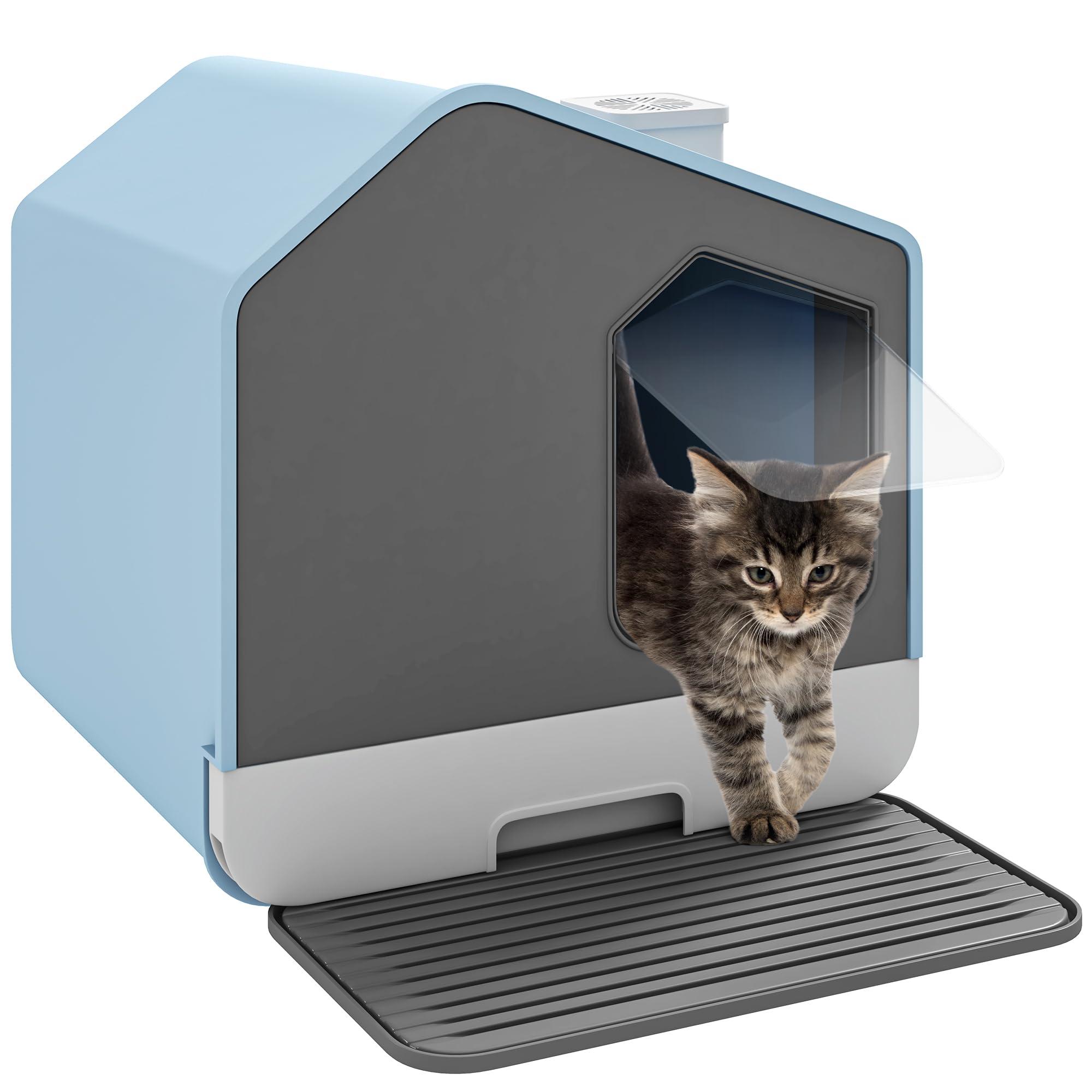 Dwvo Xl Enclosed Cat Litter Box With Vent, Mat, And Litter Scoop, Odorless, Anti-Splashing, No Installation Required - Blue