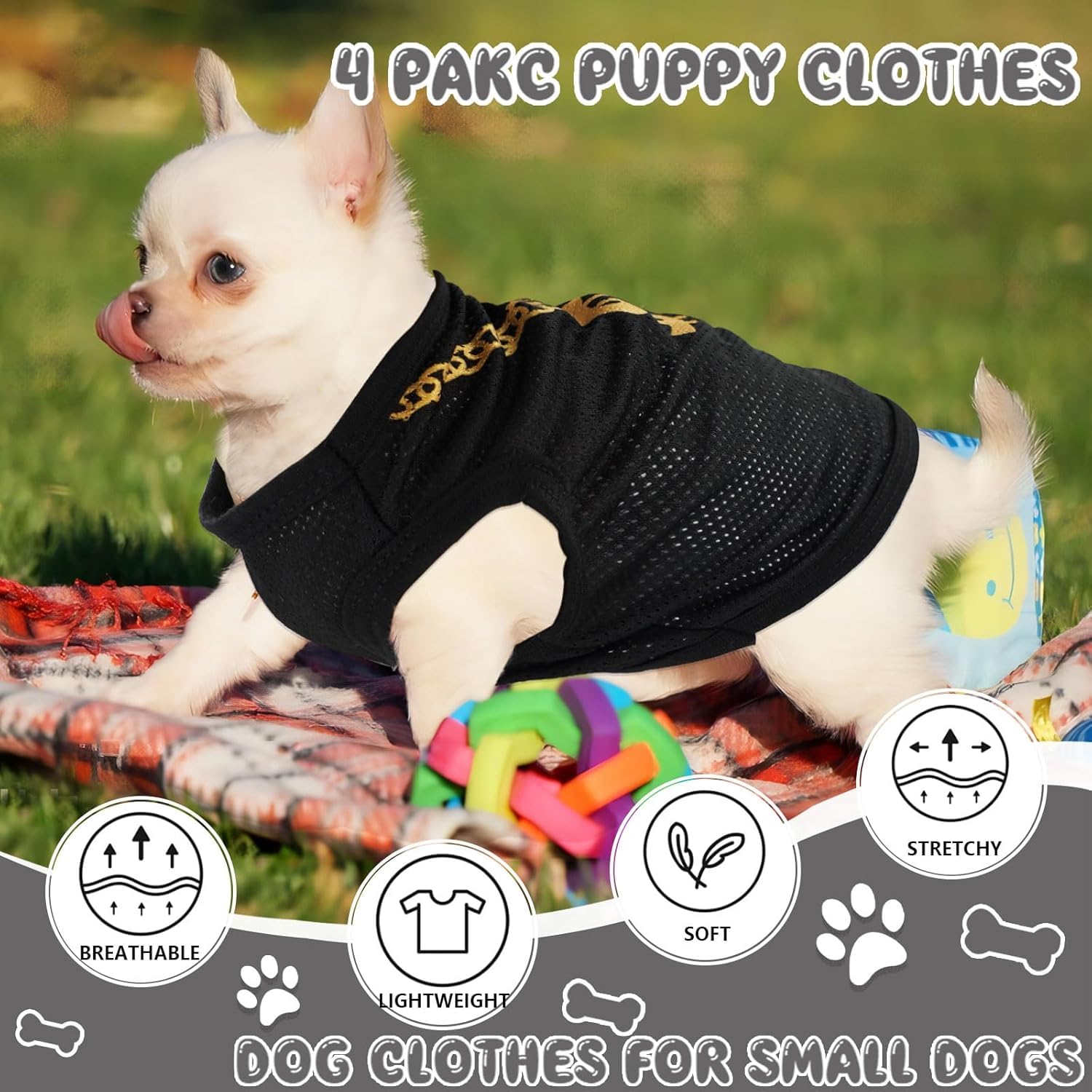 4 Pack Dog Clothes For Small Dog Black Puppy Clothes Soft Chihuahua Clothes K9 Security Pattern Small Dog Shirt Summer Autumn Pe