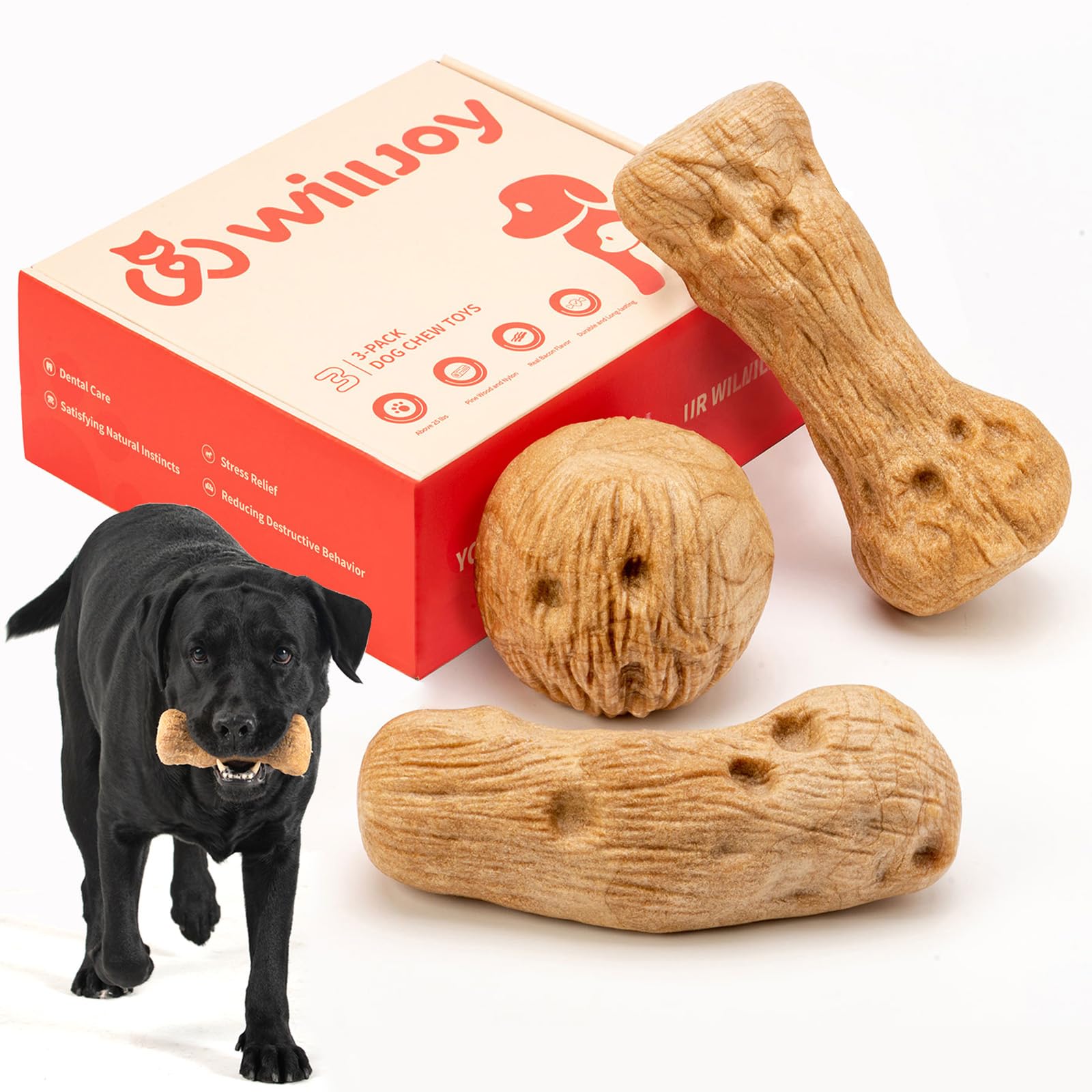 Willjoy 3-Pack Dog Toys For Aggressive Chewers, Chew Toys For Aggressive Chewers, Pine Wood & Nylon, Bacon Flavor Aggressive Che