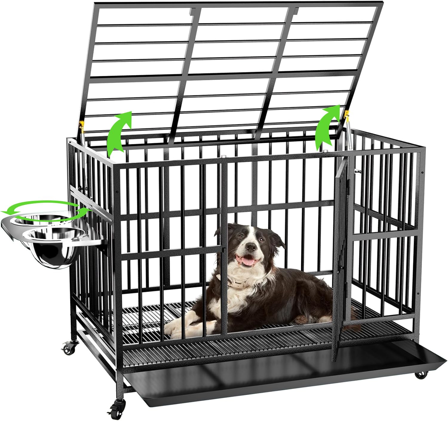 MODCART 43 Heavy Duty Dog Crate with Unique Air Lift Rod/Wheels/ 360 & Adjustable 2 Bowls, Extra Medium Dog Crate
