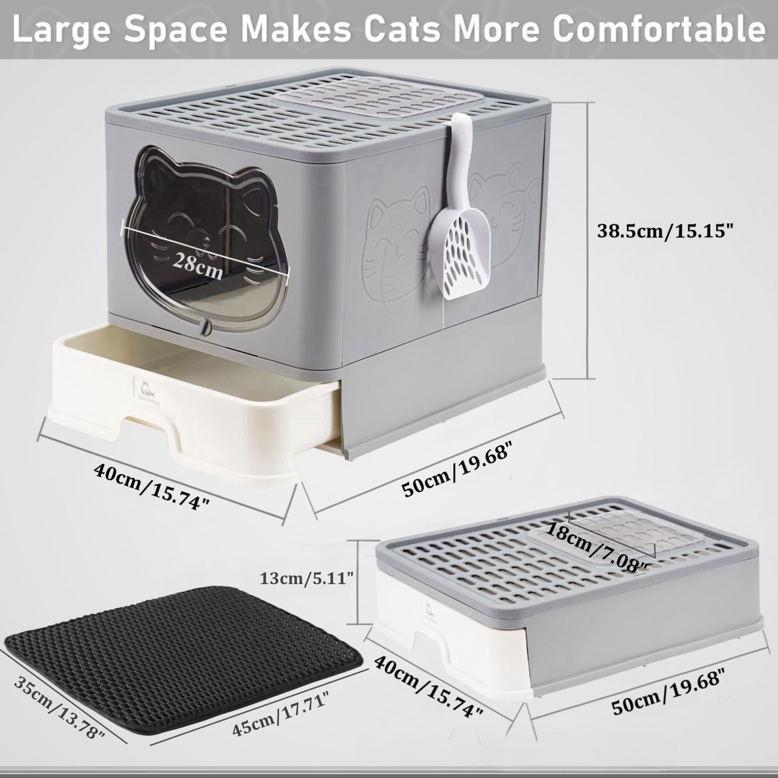 HelloMiao Fully Enclosed Litter Box with Lid, Foldable Extra Large Cat Toilet, Drawer Type Cat Litter Tray with Plastic Scoop, S