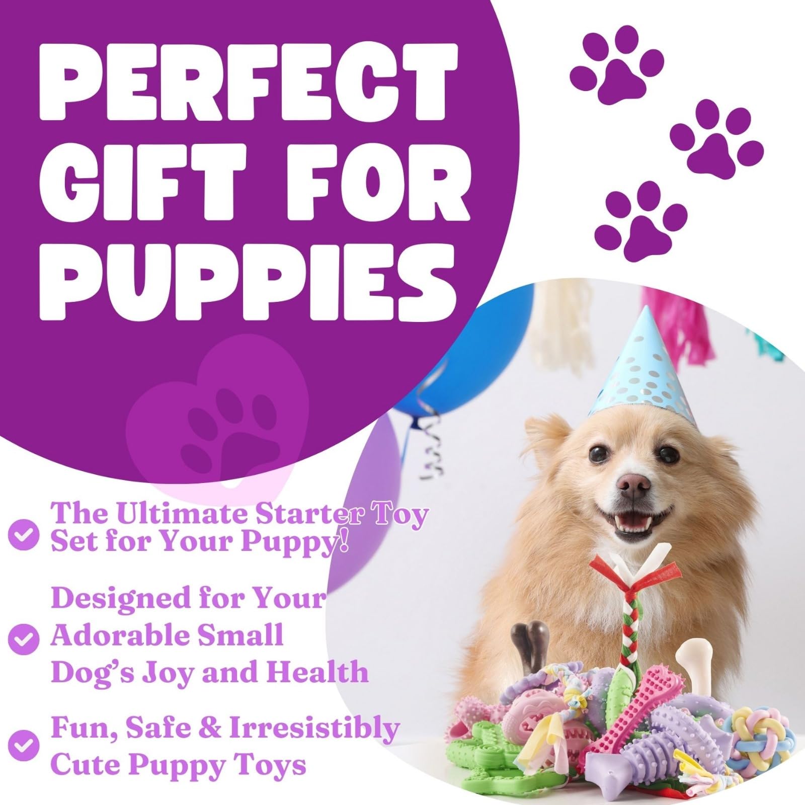 Bambinom Chew Toys, 6 Pcs Soft Rubber Teething Toys For Small Dogs, Eco-Friendly Interactive Dog Toys, Teeth Cleaning, Cute Purp