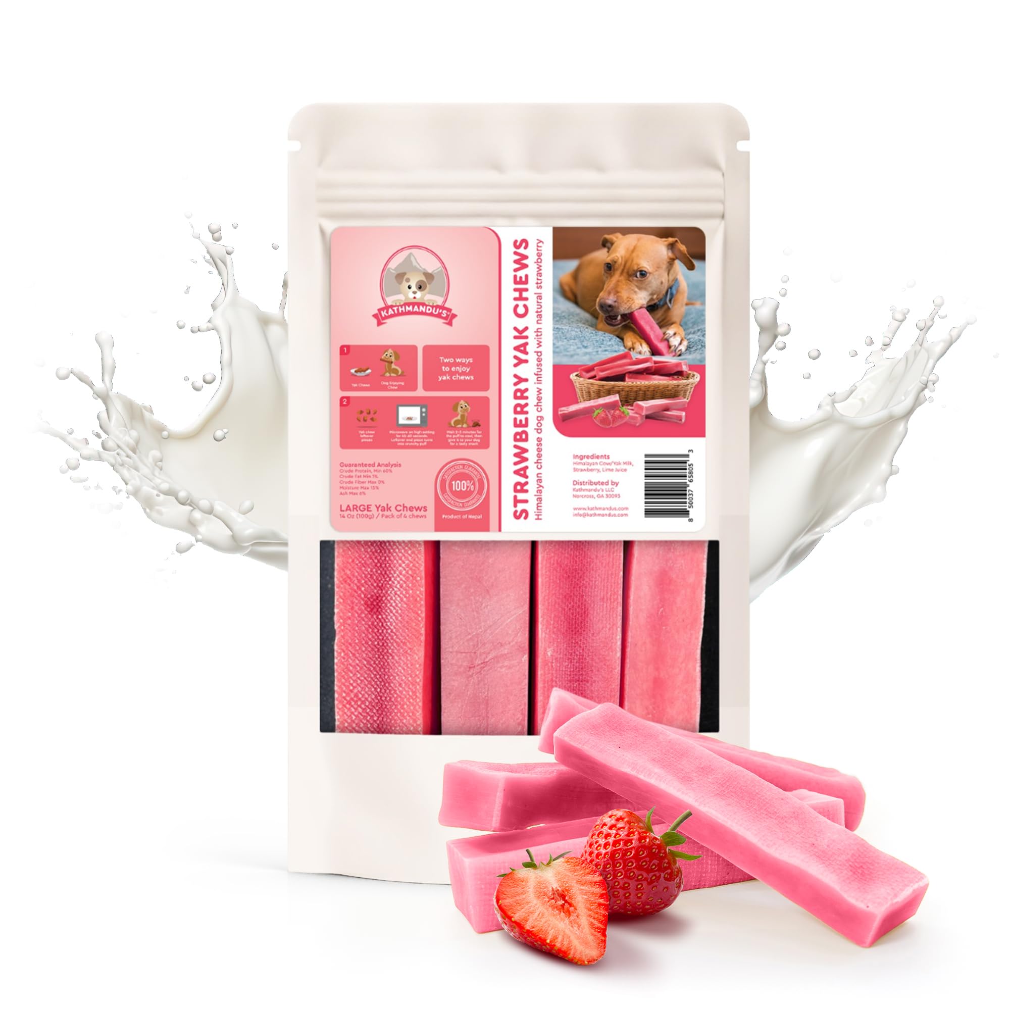 KATHMANDUS 100% Natural Strawberry Flavor Yak Chews - Keep Dogs Busy & Happy with our Lactose & Rawhide Free Himalayan Dog Chew