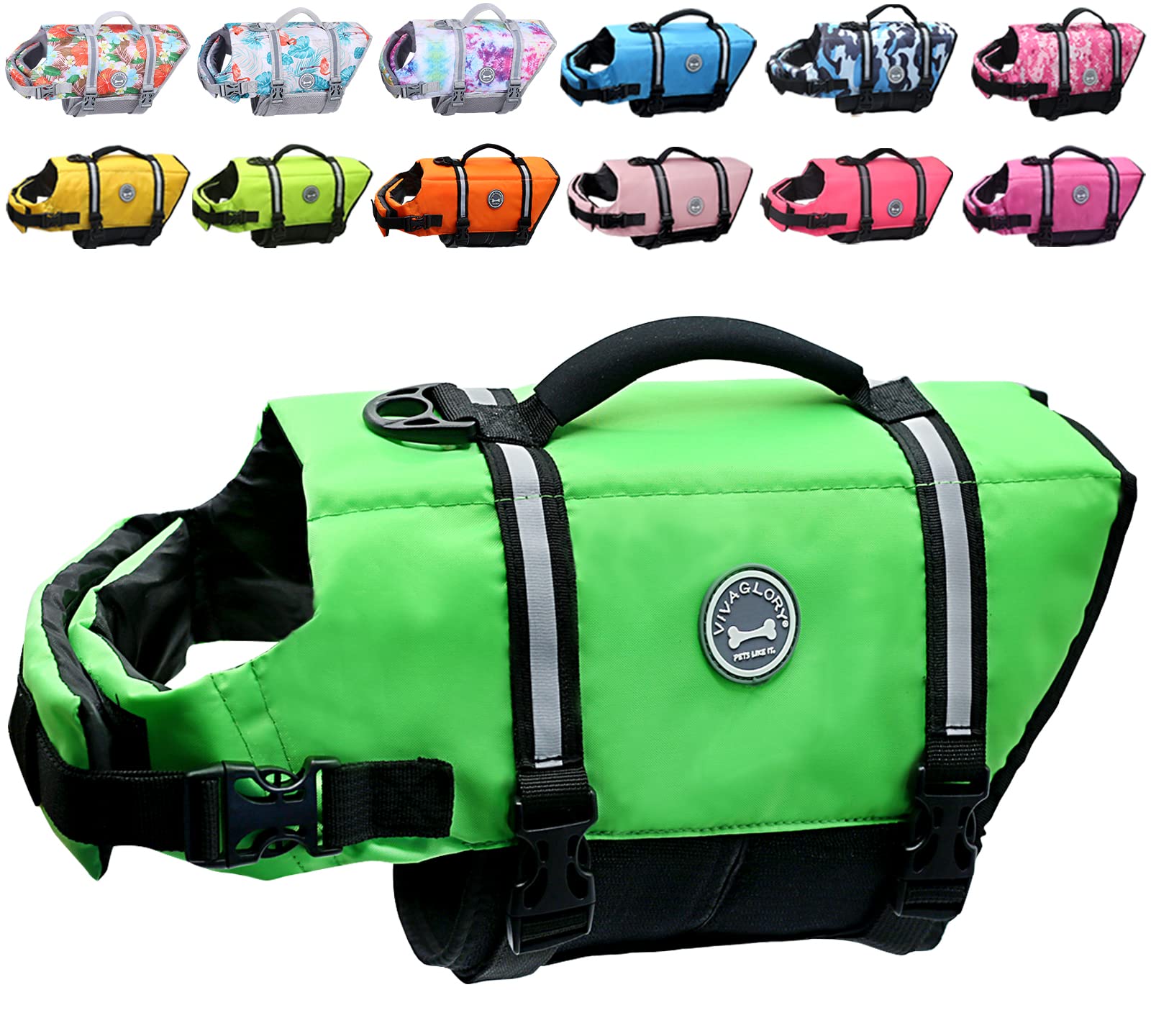 Vivaglory Ripstop Dog Life Jacket, Reflective & Adjustable Life Vest For Dogs With Rescue Handle For Swimming & Boating, Bright 