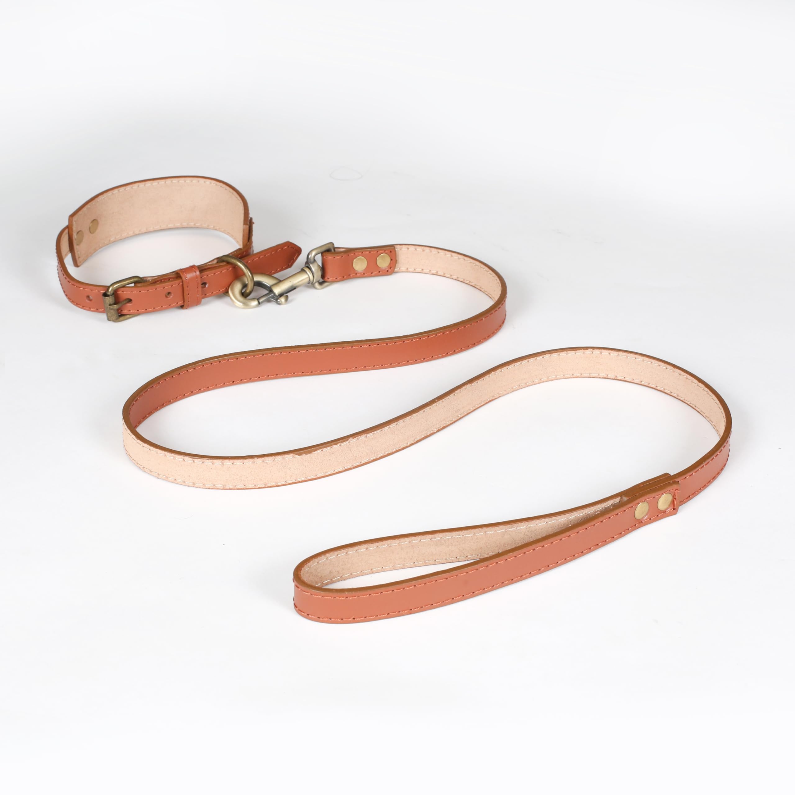 Light & Pro Tan Leather Dog Collar And Leash Set - Soft Handsome Comfirtable Durable Leash And Adjustable Collar Set - 18 Inch C