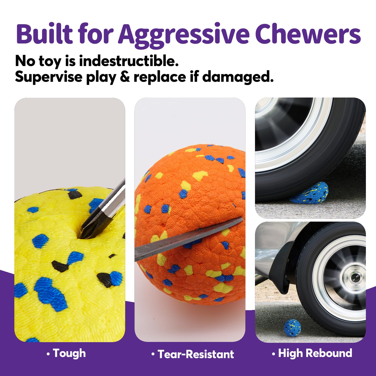 Kimee Dog Balls - Tennis Balls for Aggressive Chewers, 3.15'' Size, 3 Pack, Durable ETPU, Yellow Blue Orange