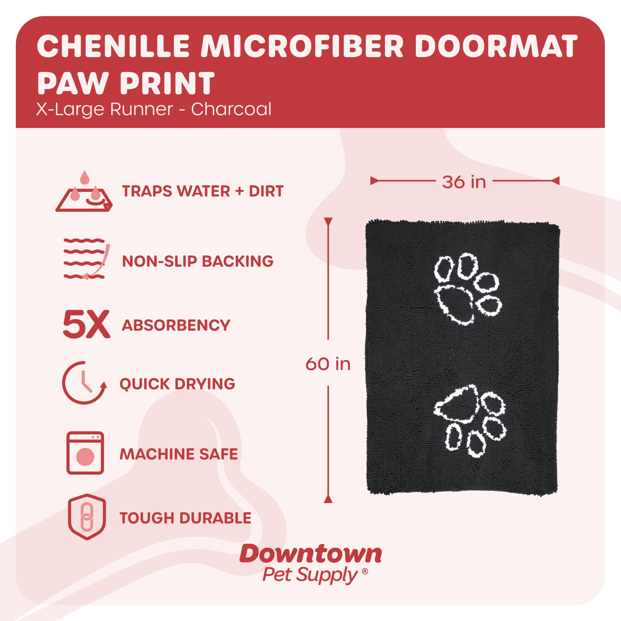 My Doggy Place Microfiber Dog Mat for Muddy Paws, 60 x 36 Charcoal with Paw Print - Non-Slip, Absorbent and Quick-Drying Dog Paw