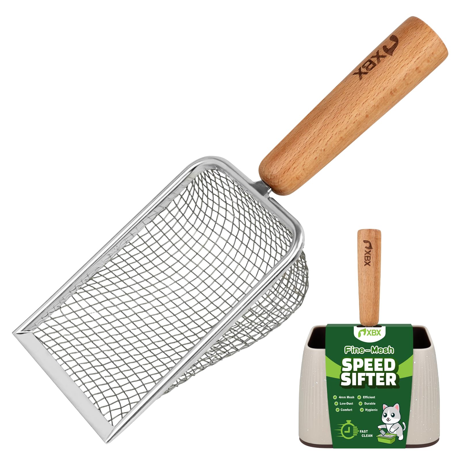 XBX Cat Litter Scoop with Holder - Metal Mesh Litter Scooper, Wooden Handle Fine Litter Scoop with Small Holes for Litter Box, E