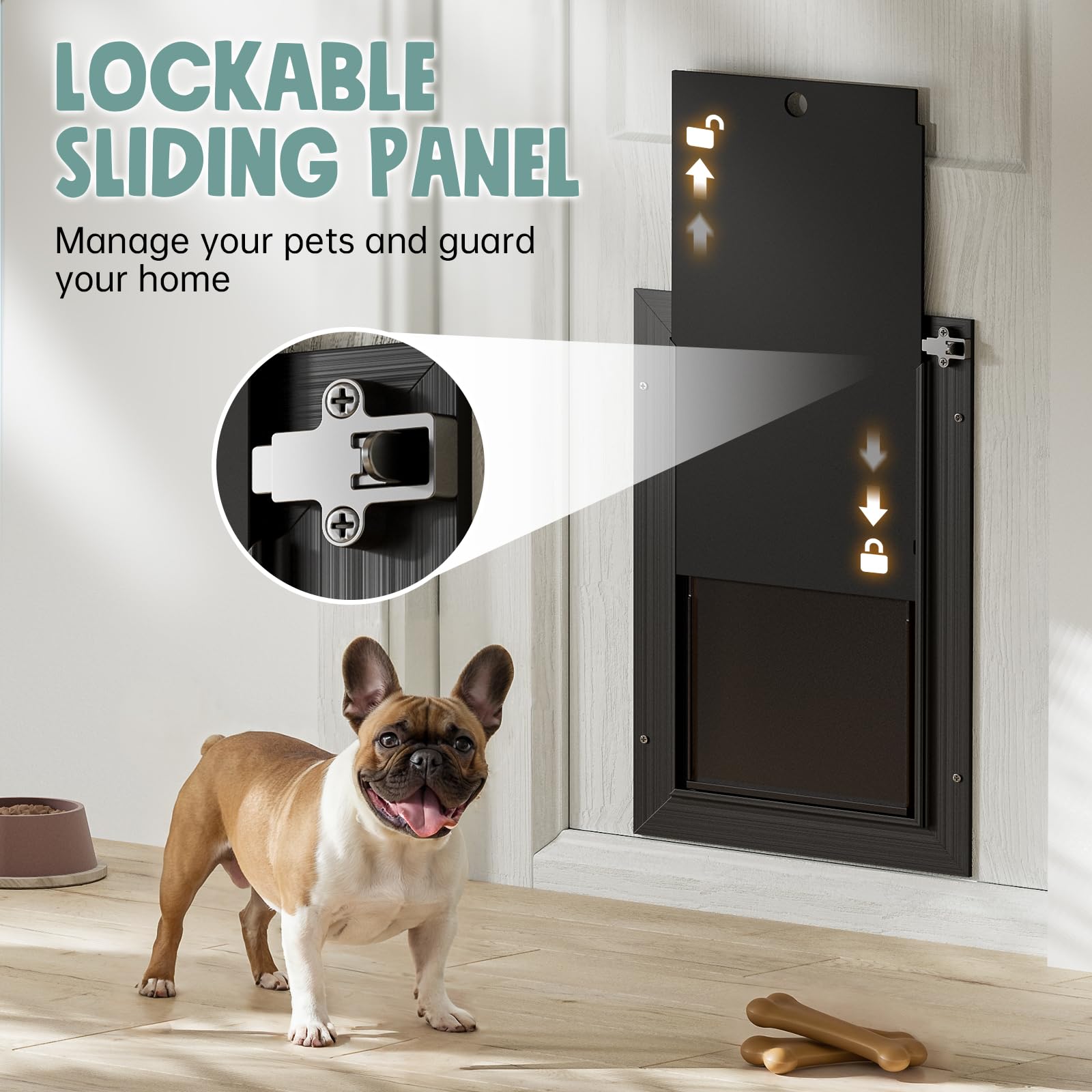 Dog Door For Door All Aluminum 3 Flaps, Medium Doggy Doggie Door, Cat Door Black, Heavy Duty Pet Door For Dogs Cats, With Insula