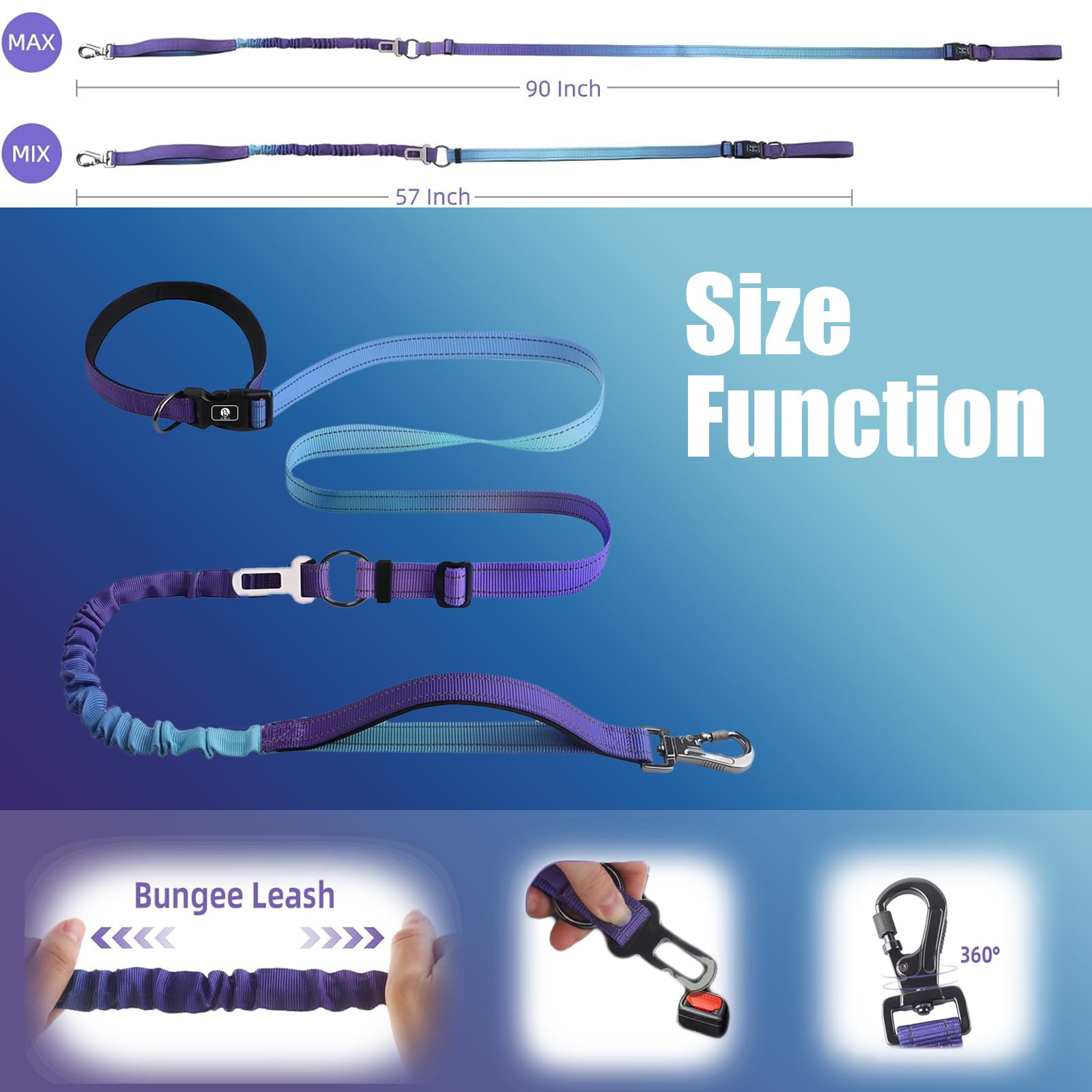 Hands-Free Dog Leash With Bungee For Large Dogs, Waist Belt & Car Seat Bel (Blue)