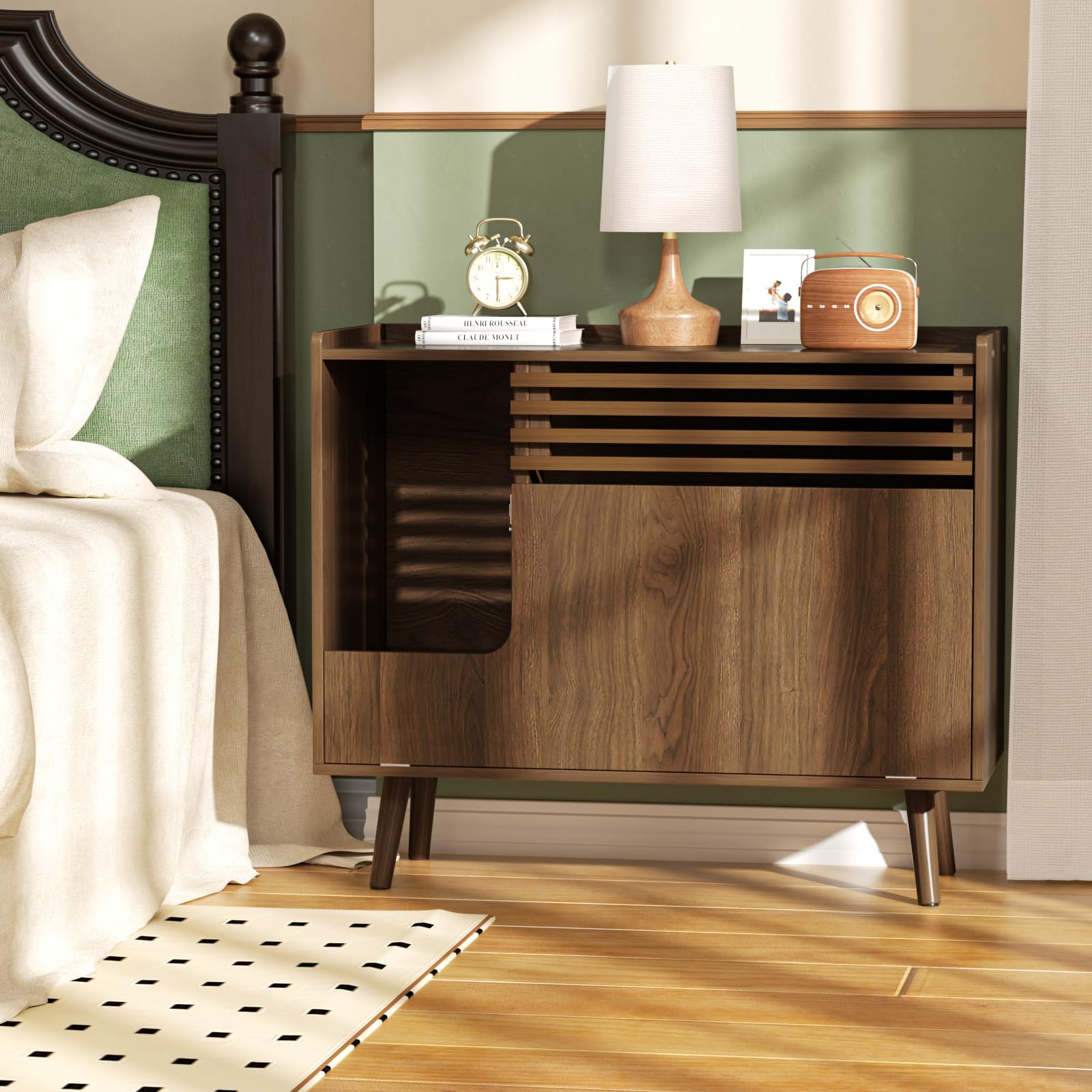 Halitaa Mid-Century Modern Hidden Litter Box Furniture With Cat Scratch Pad, Flip-Down Opening Litter Box Cabinet Cat Washroom E