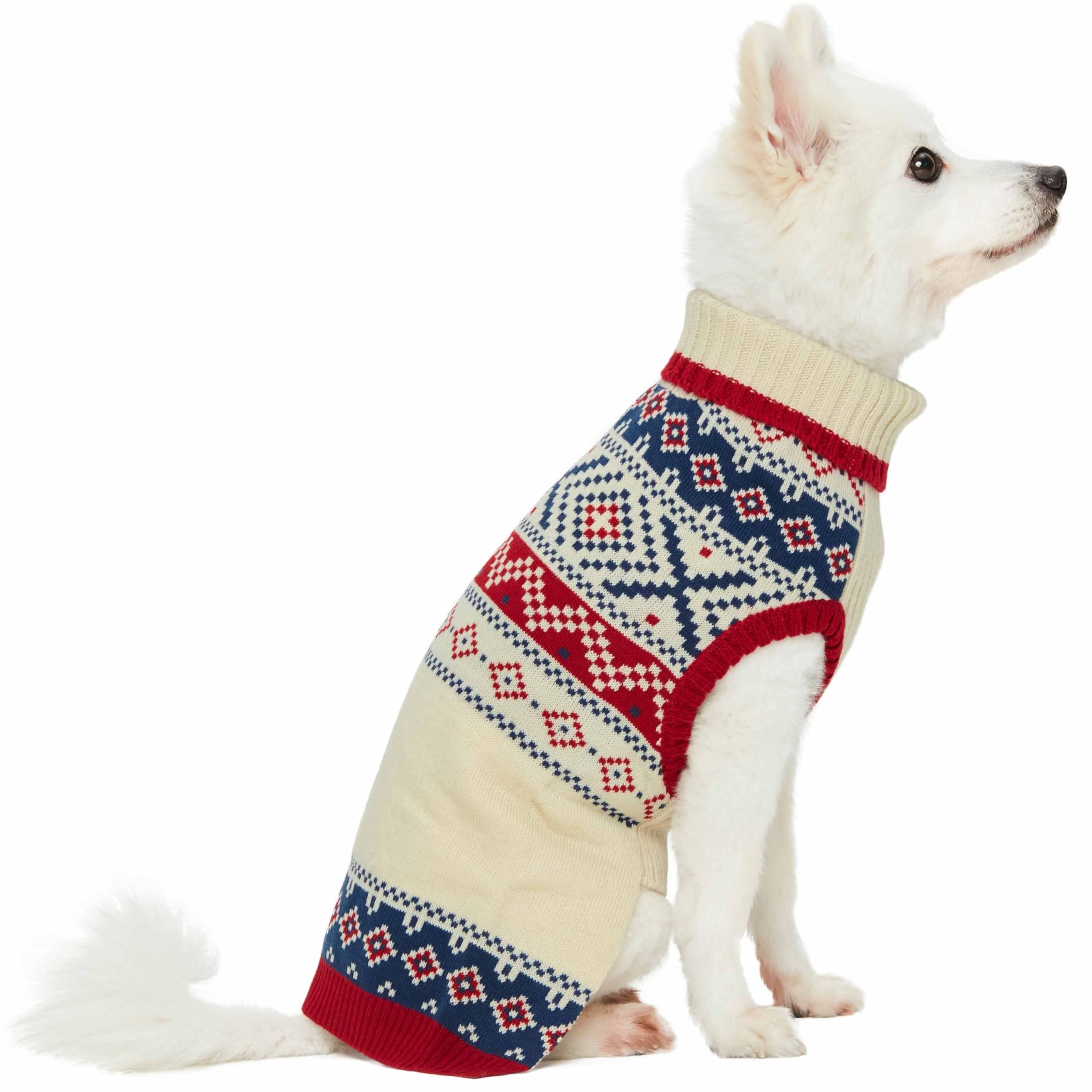 Blueberry Pet Holiday Christmas Chic Turtleneck Fair Isle Fall Winter Pullover Dog Sweater In Creamy White, Back Length 20', Warm Clothes For Large Dogs