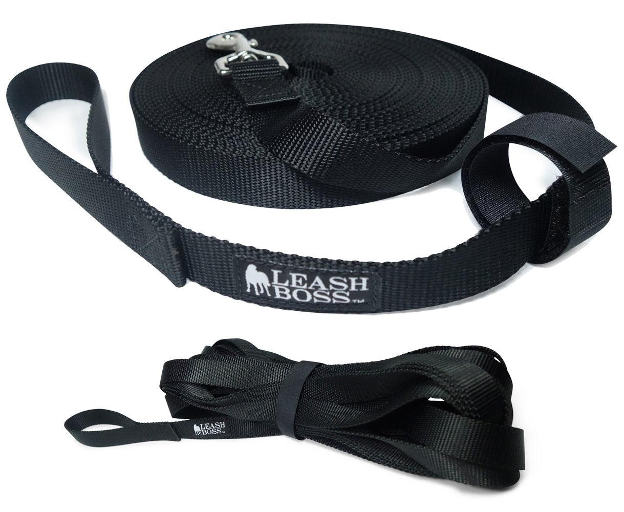 Leashboss Extra Long Dog Leash - Long Lead Leash For Dog Training - Recall Leash For Dogs Outside 50 Foot Black