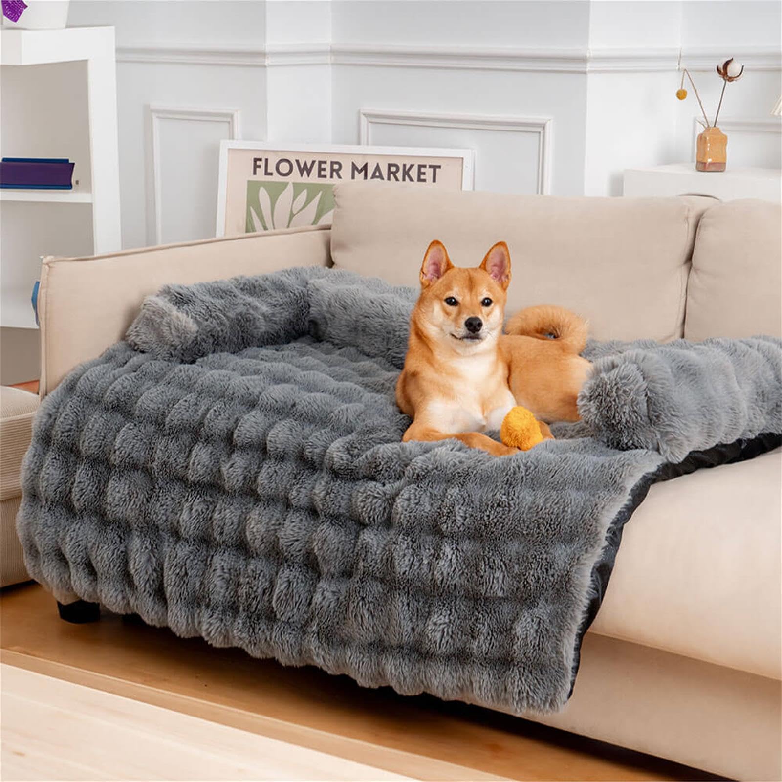 FUNNYFUZZY Calming Dog Bed Mat, Fluffy Fuzzy Couch Cover for Sofa, Furniture Protector with Removable Washable Cover for Medium