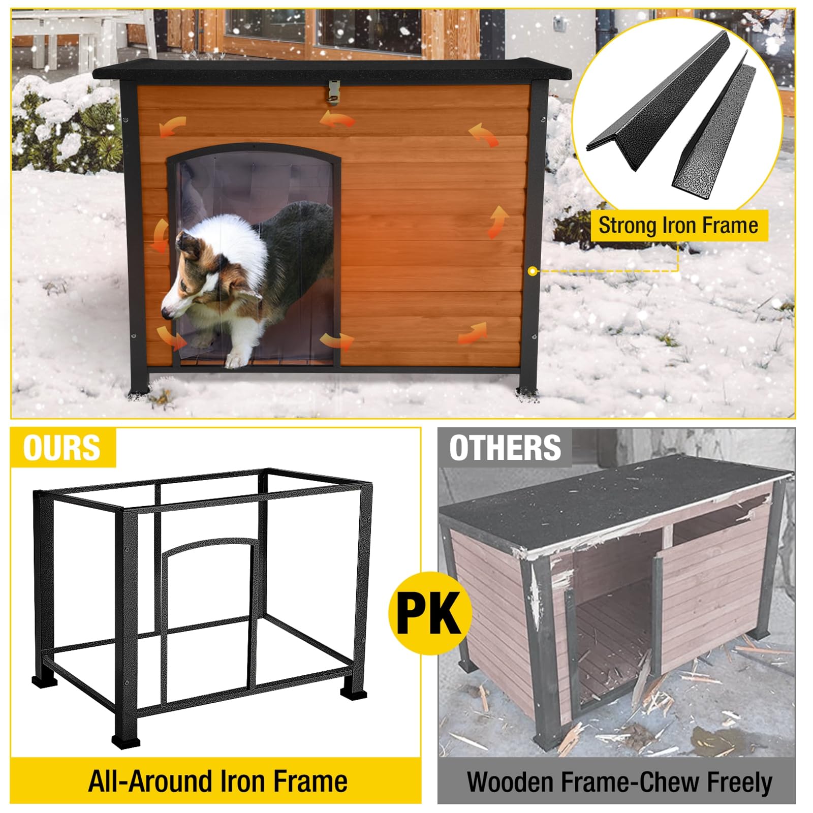 Insulated Outdoor Dog House With Liner For Winter Wooden Dog Kennel With All-Around Iron Frame,Waterproof
