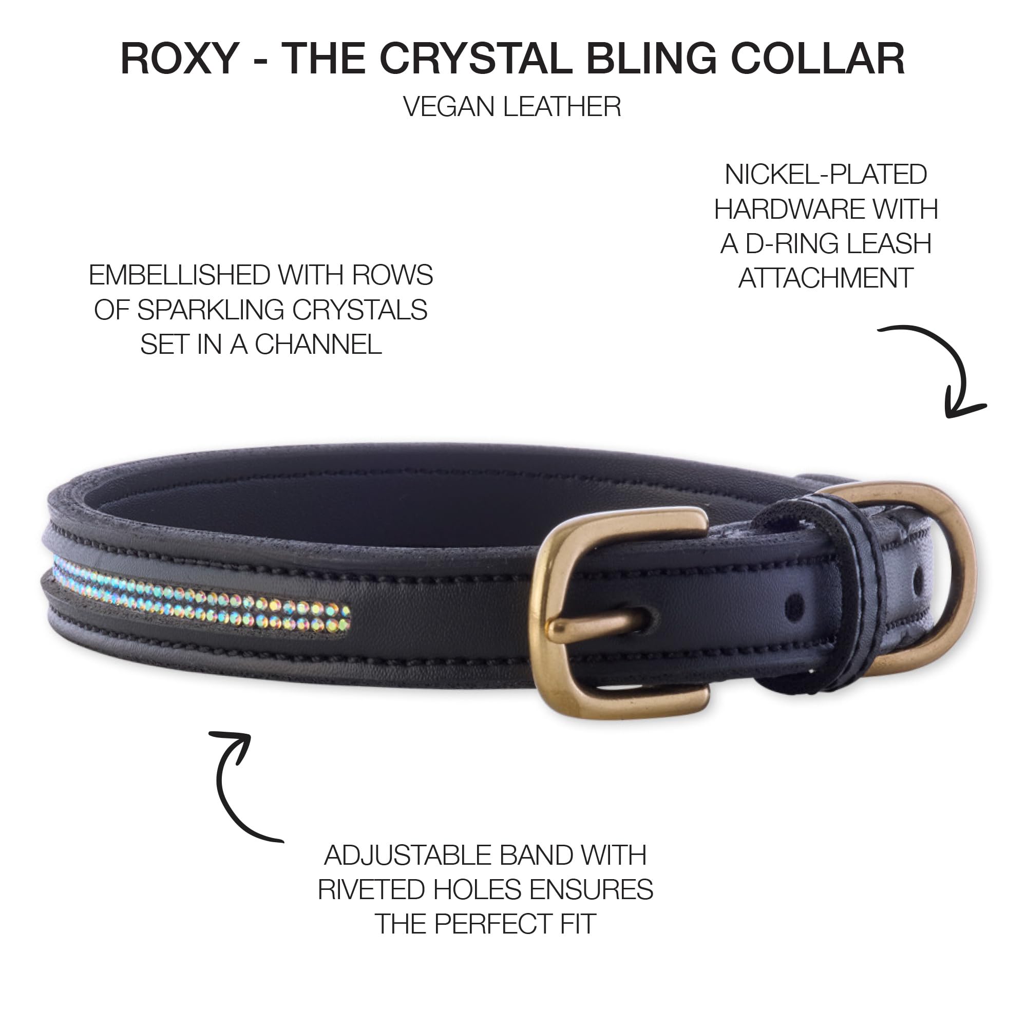 Pet Passion Adjustable Vegan Leather Dog Collar With Bling For Pets Small, Medium And Large Dogs, Black Bling, Small