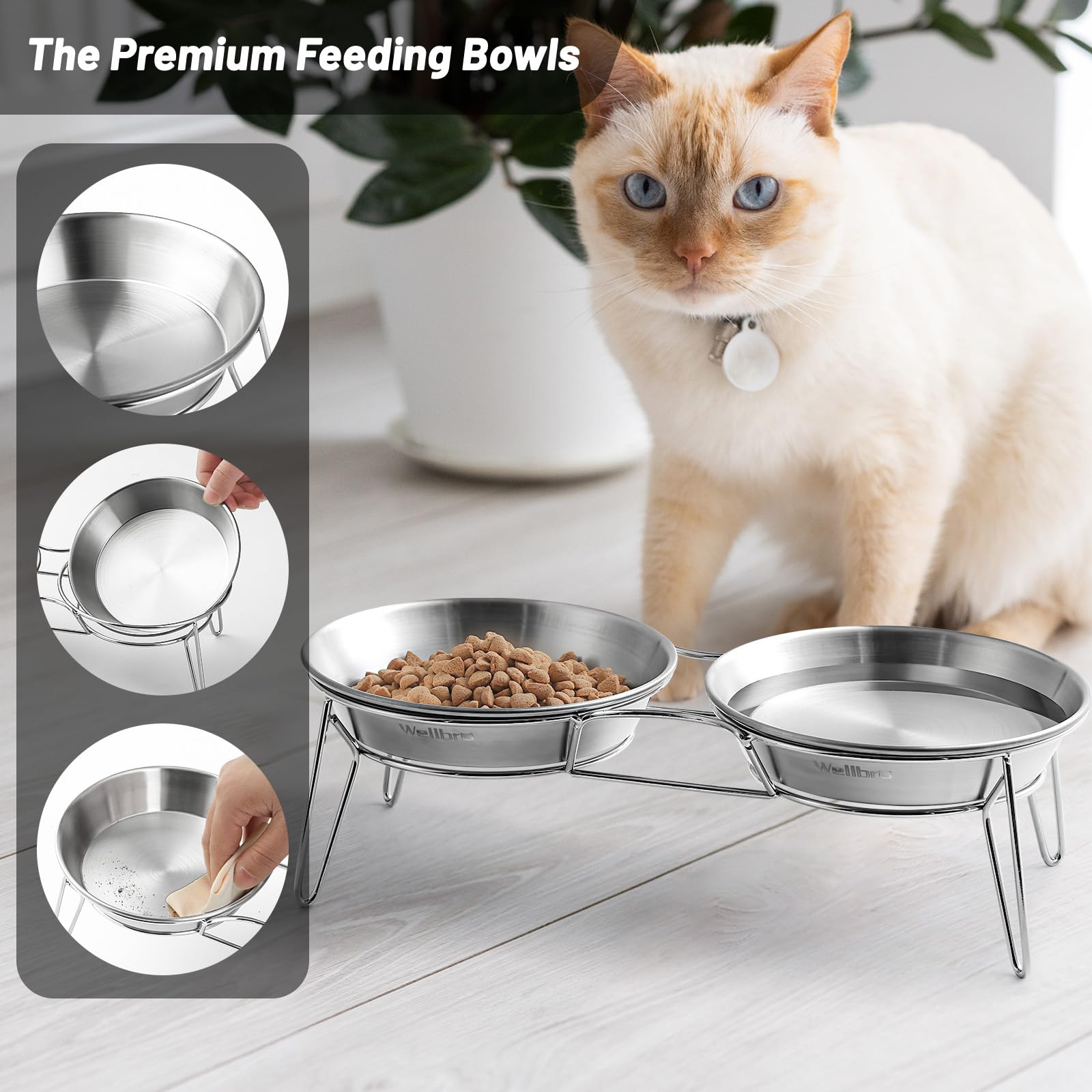Wellbro Elevated Cat Bowls, 5.9 Inch Wide Stainless Steel Cat Food Bowls with Metal Stand Whisker Stress-Free, Raised Food and W