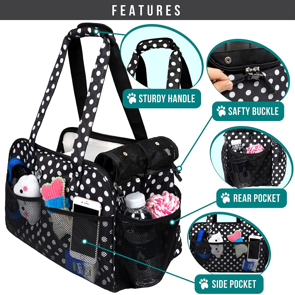 Petami Small Dog Purse Carrier, Soft-Sided Pet Carrier Bag With Pockets, Portable Puppy Cat Travel Handbag Tote, Airline Approved Breathable Mesh, Poop Bag Dispenser, Max 18 Lbs, Polka Dot Black