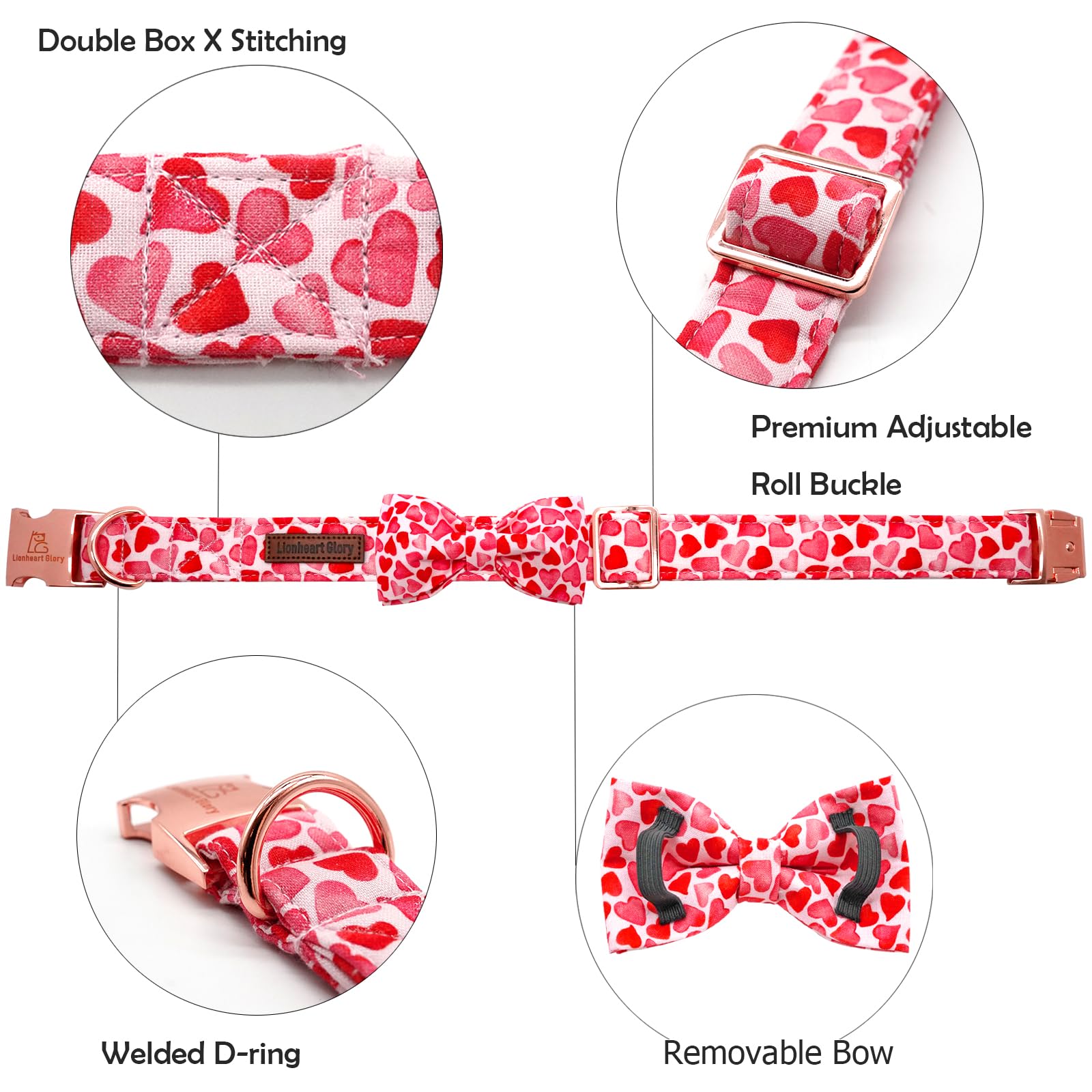 Lionheart Glory Dog Bow Collar Valentine'S Day Dog Collar For Large Dogs, Hearts Dog Collar With Bowtie Spring Dog Collar Pet Co