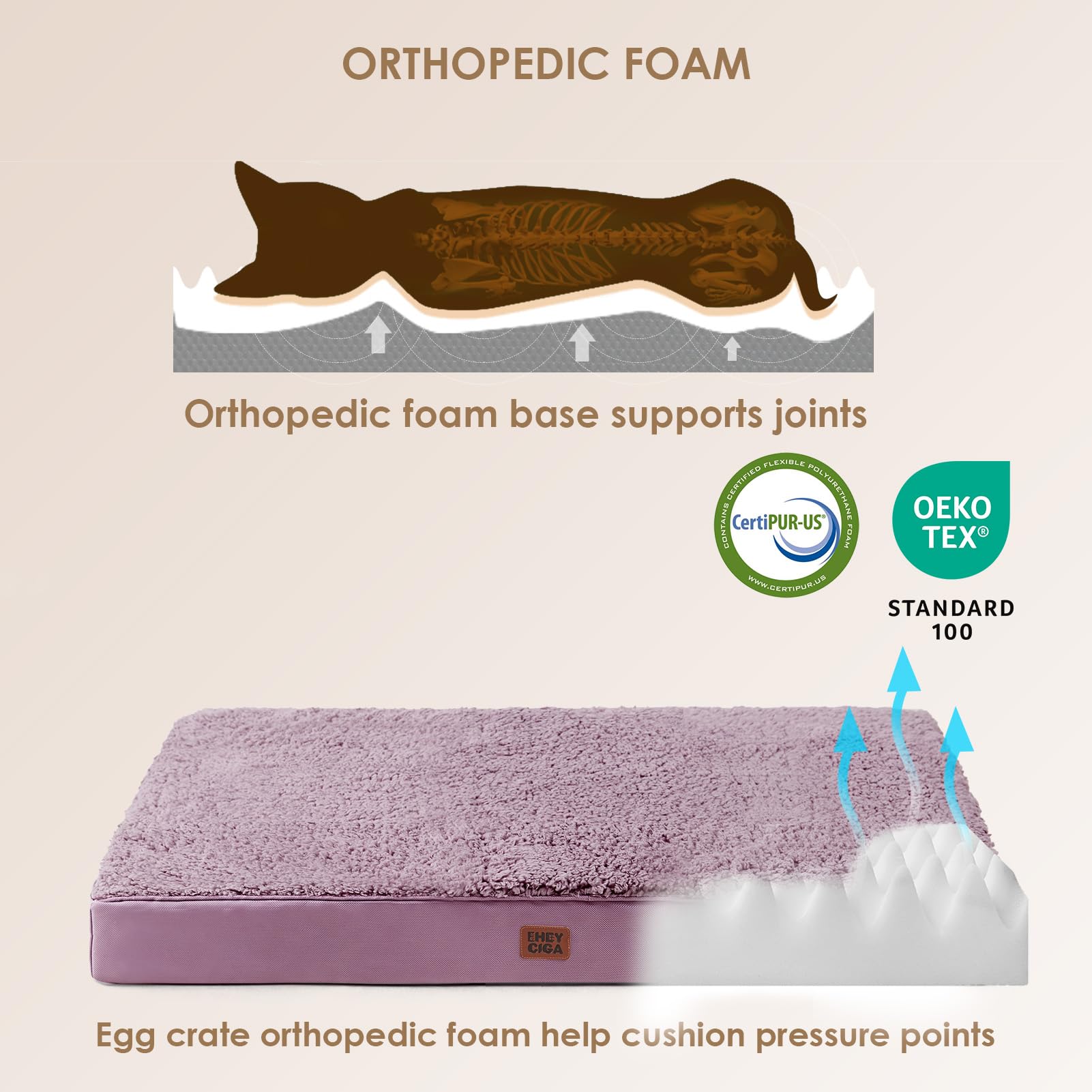 EHEYCIGA Orthopedic XL Dog Beds for Extra Large Dogs with Removable Washable Cover for Crate, Fog Purple, 41x27