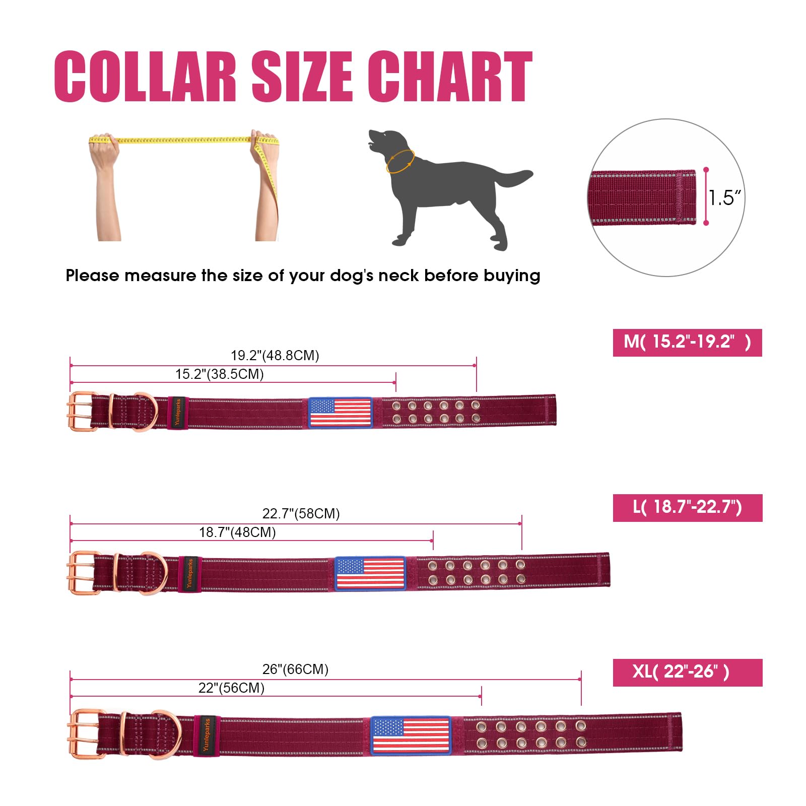 Yunleparks Heavy Duty Tactical Dog Collar With Neoprene Padded And Metal Buckle, Reflective Nylon For Medium To Large Dogs(Wine