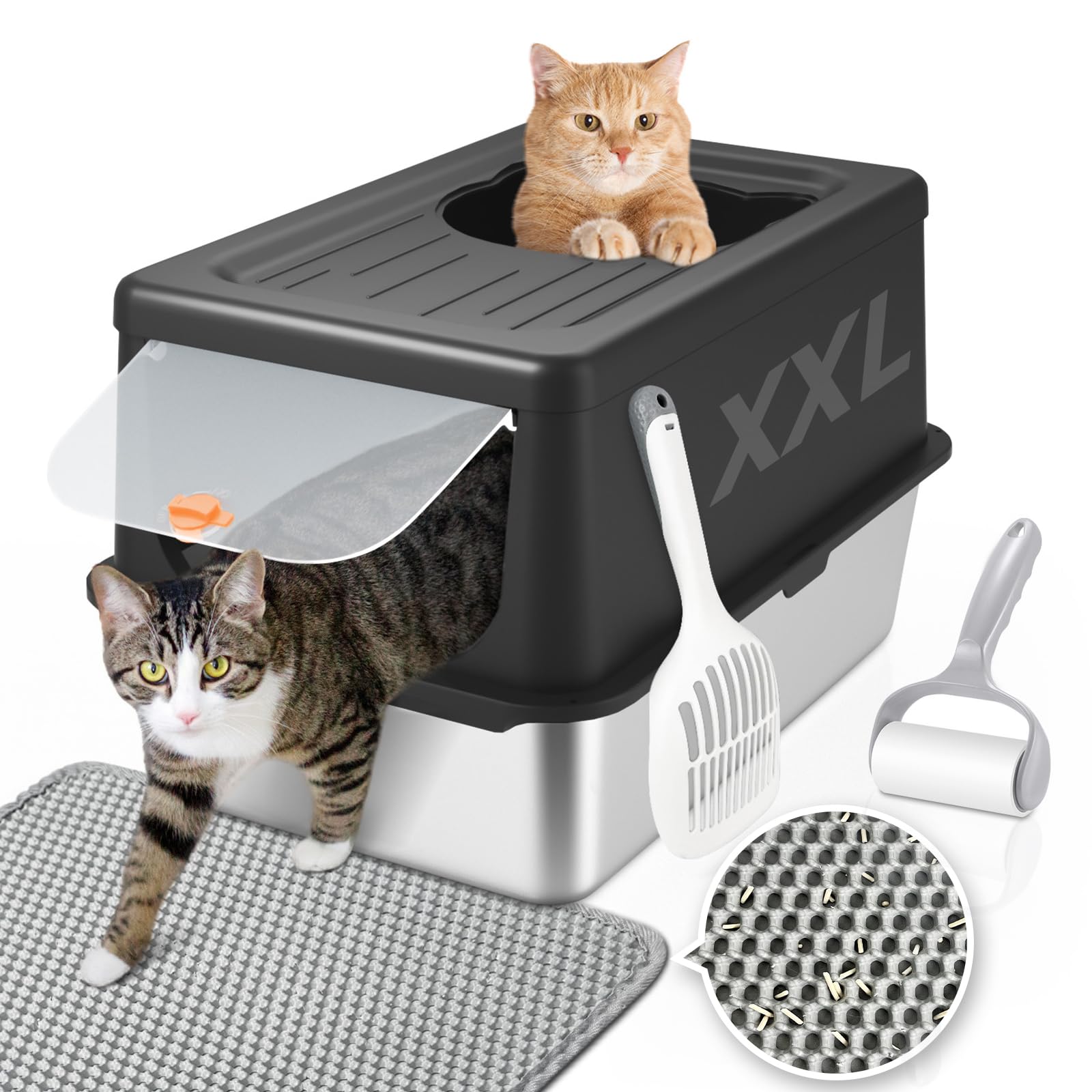 Stainless Steel Litter Box With Lid, Extra Large Cat Box With High Sides, Kitty Litter Pan Enclosure, Top Entry Cat Litter Box E