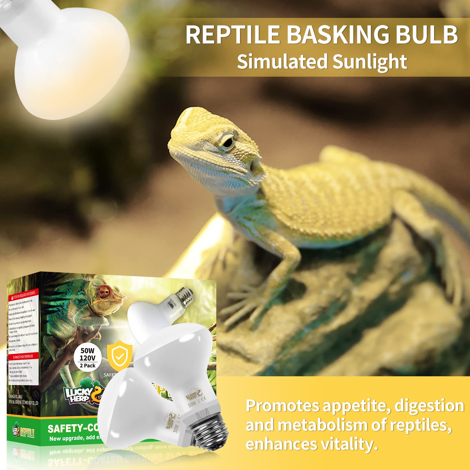 LUCKY HERP New Upgrade 50W Reptile Heat Lamp Bulb (3rd Gen, Safer), Amphibian Basking Spot Light Bulb, UVA Reptile Daylight Bulb