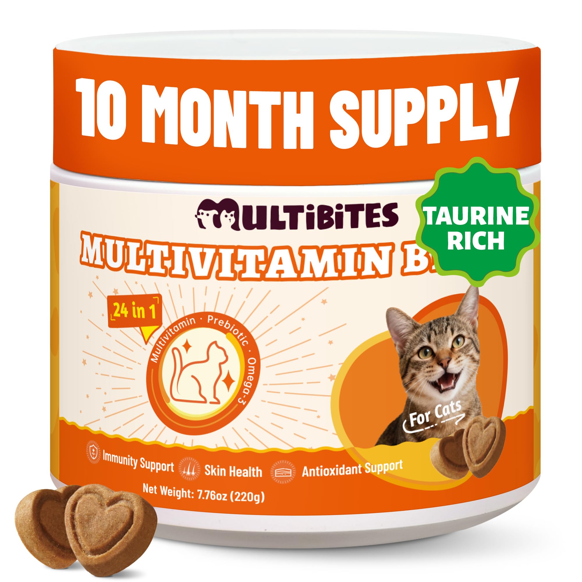 MULTIBITES 24-in-1 Vitamins Supplements and Taurine for Cats with CoQ10, Lysine, Glucosamine, Omega 3 - Cat Vitamins for Indoor 