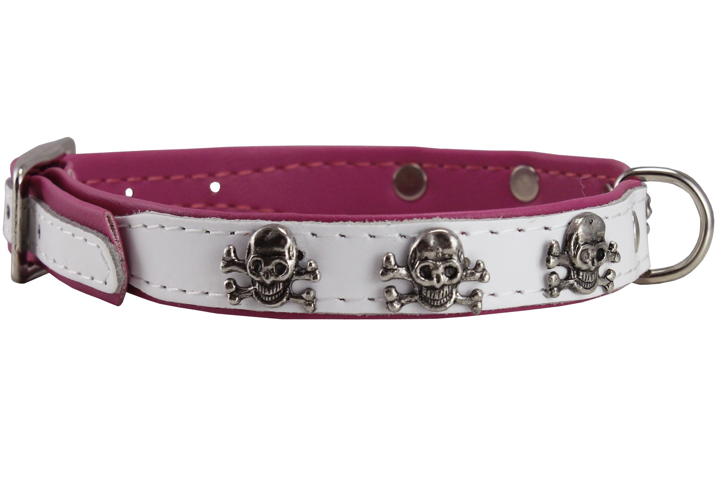 Dogs My Love Real Leather Skull Studded Padded Dog Collar (11.5'-14' Neck; 5/8' Wide, White/Pink)