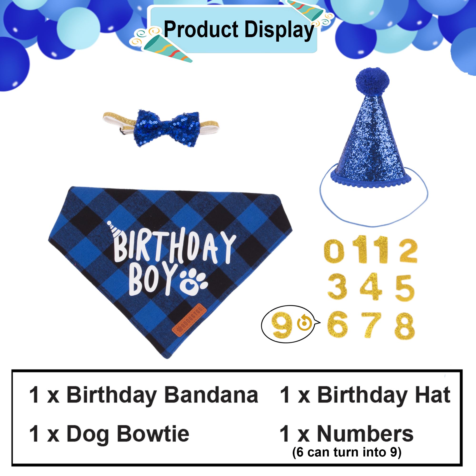 Adoggygo Dog Birthday Party Supplies, Multi Size Offered, Blue Dog Birthday Hat Bandana Numbers Bow Set For Large X-Large Dogs P