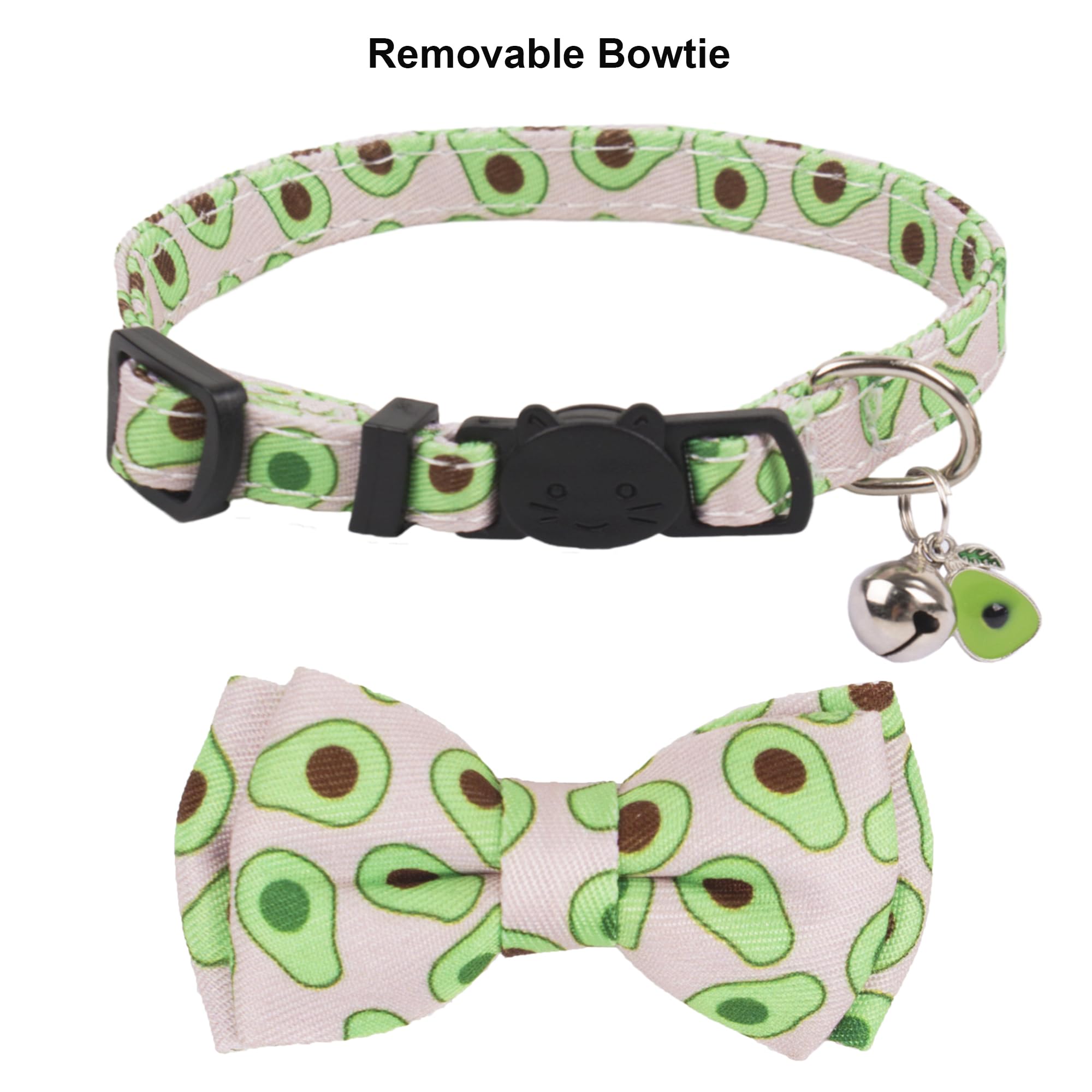 Adoggygo Cat Collar Breakaway With Cute Bow Tie Bell - 2 Pack Watermelon Avocado Pet Collars With Removable Bowtie Fruit Bowtie