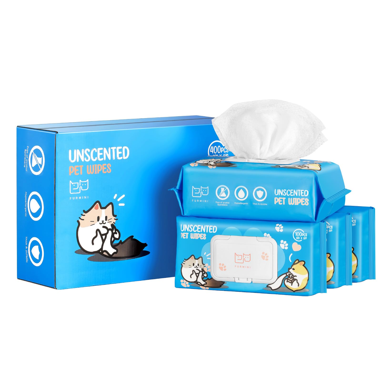 Furmini Unscented Pet Wipes (400pcs) - Hypoallergenic, Alcohol-Free & Soothing for Sensitive Skin - Head-to-Tail Cleaning for Do