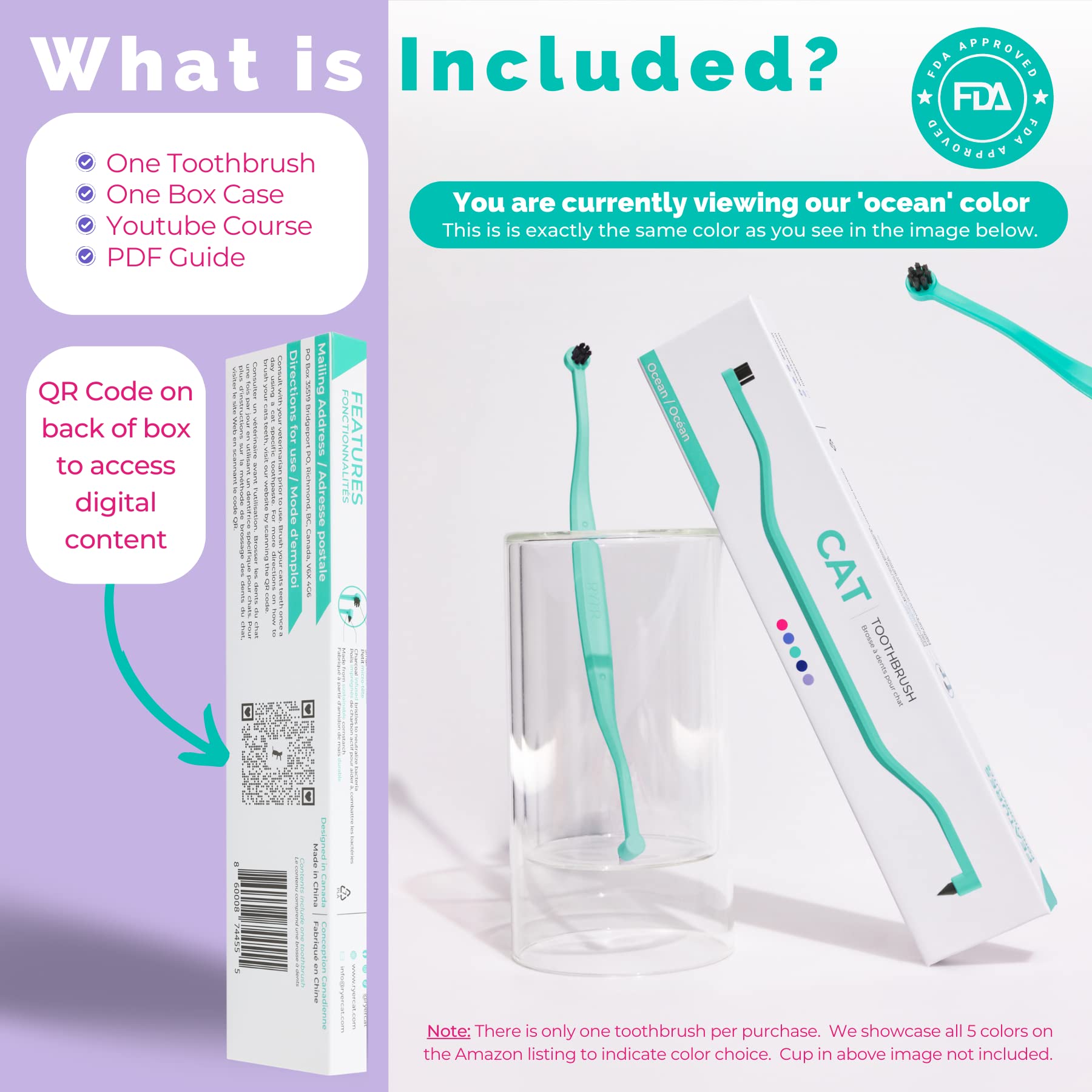 RYERCAT Ocean Dual Sided Cat Toothbrush - Only 8mm Wide to fit into Cats Mouth - Cat Dental Supplies