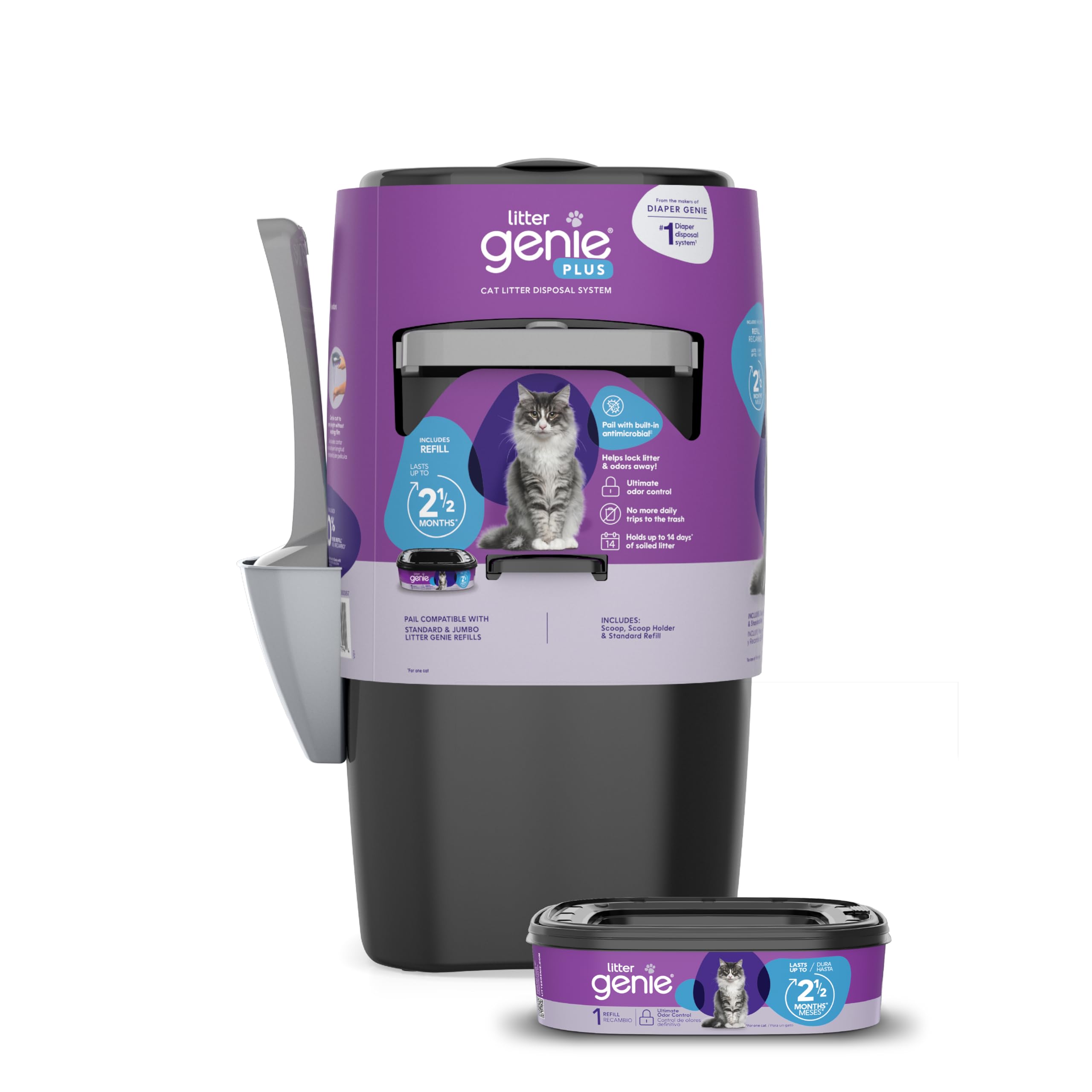 Litter Genie Plus Pail (Black) | Cat Litter Box Waste Disposal System For Odor Control | Includes 1 Square Refill Bag