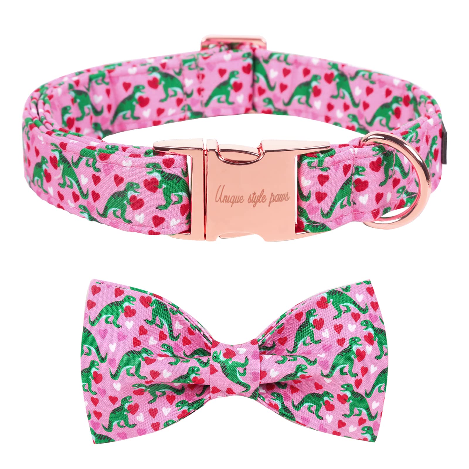 Unique Style Paws Dog Collar With Bowtie Pink Dinosaur & Heart Puppy Collar Suitable For Small Medium Large Dogs With Adjustable Safety Metal Buckle For Valentine'S Day-M