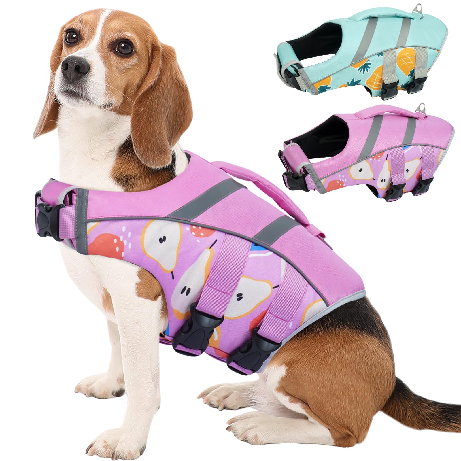 Kuoser Dog Life Jacket With Reflective Stripes, Puppy Water Vest For Swimming Boating, Adjustable High Visibility Dog Pfd Vest W
