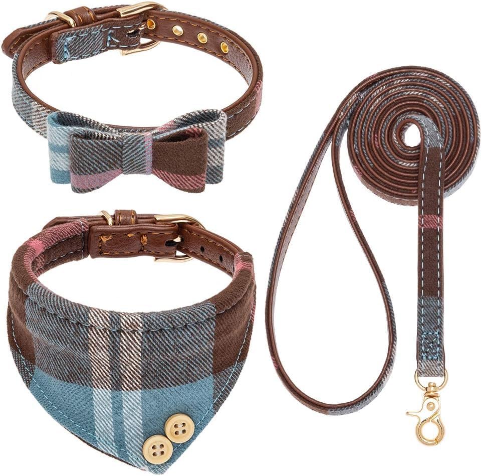 Expawlorer Dog Leash And Collar Set - Cute Plaid Dog Bow Tie And Dog Bandana Collar, Dog Leash Tangle Free, Adjustable Collars F