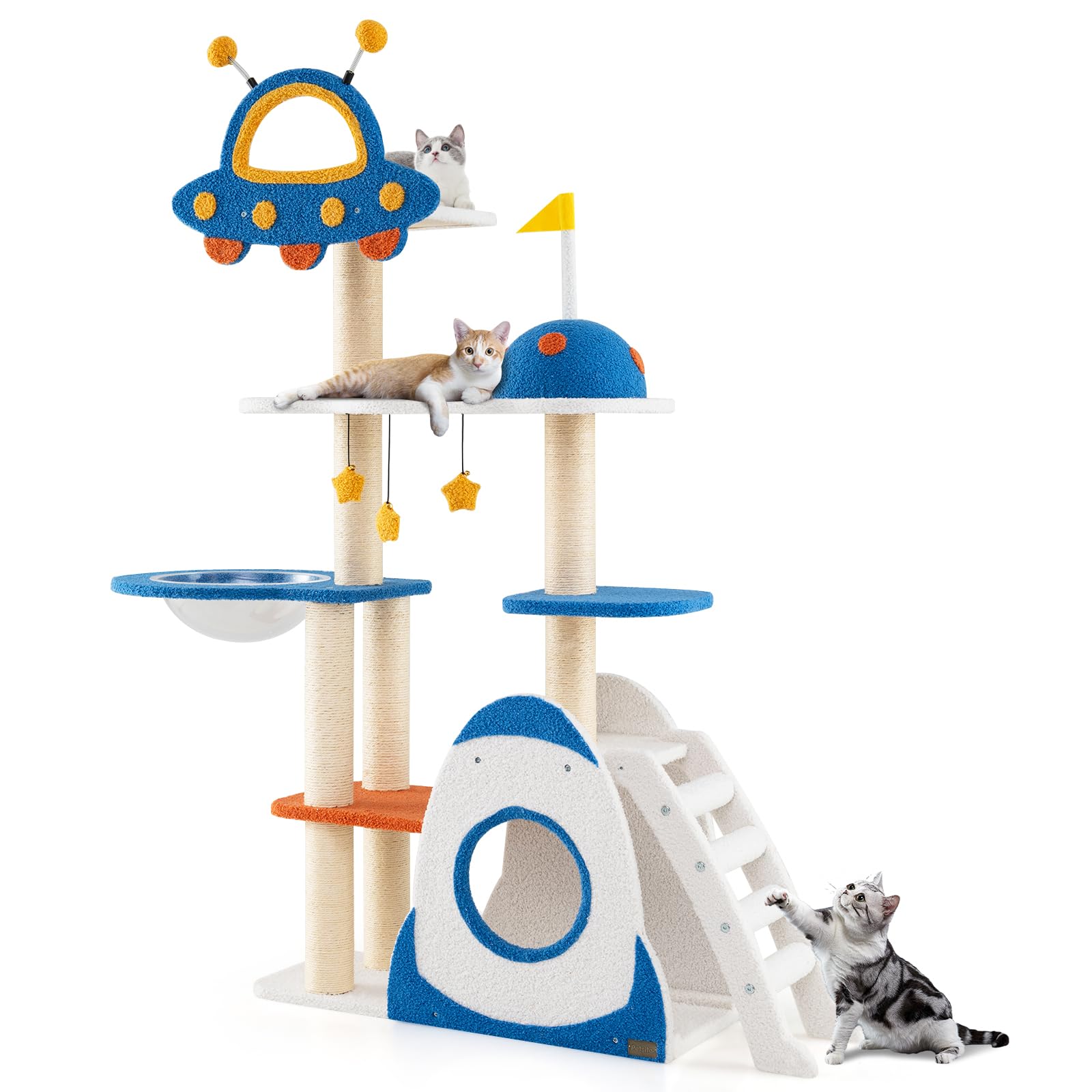 PETSITE 64.5 Inch Space-Themed Cat Tree, Multi-Level Cat Tower with Sisal Scratching Posts, UFO-Shaped Top Perch, Climbing Ladde