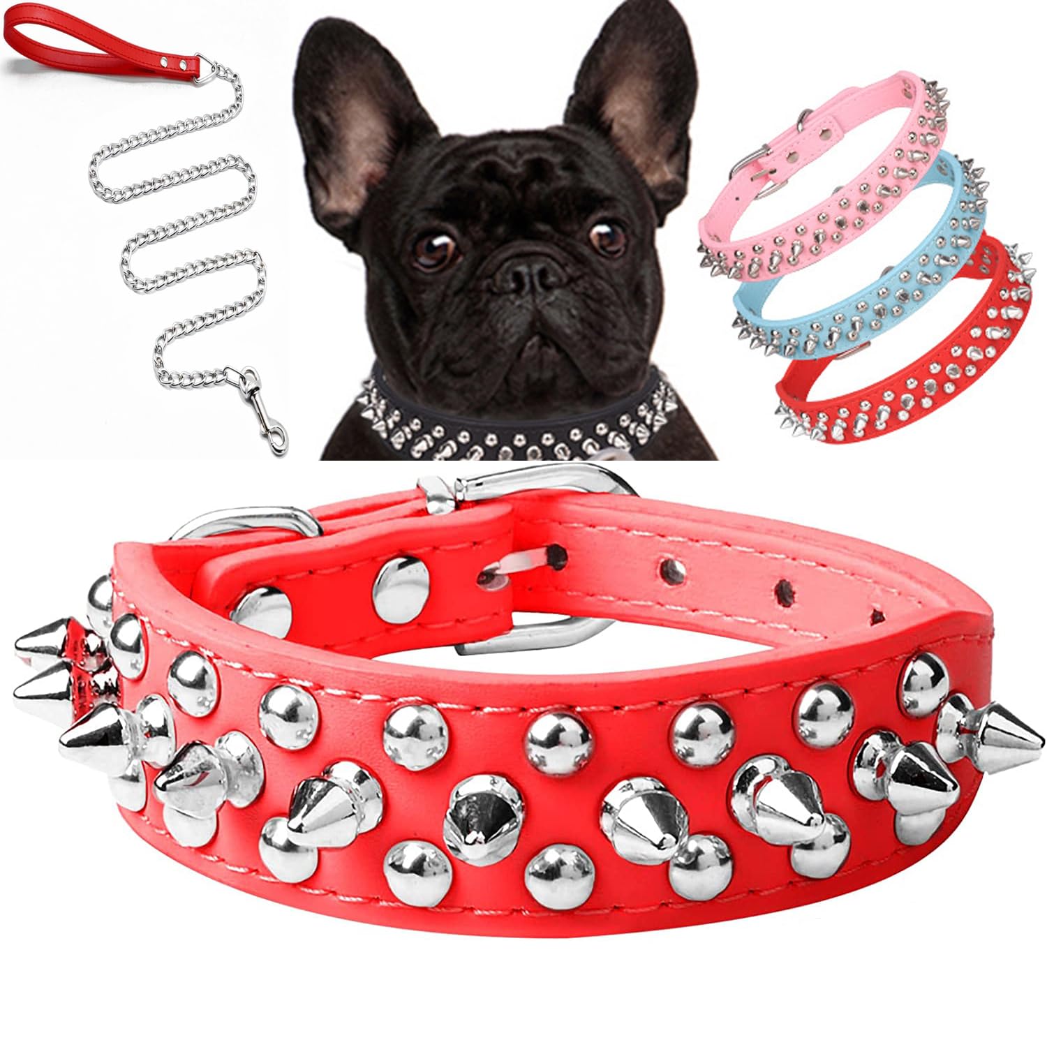 Serijoars Spiked Dog Collar Soft Pu Leather Mushrooms Rivet Spike Studded Dog Collar Adjustable Puppy Collars (S, Red Set)