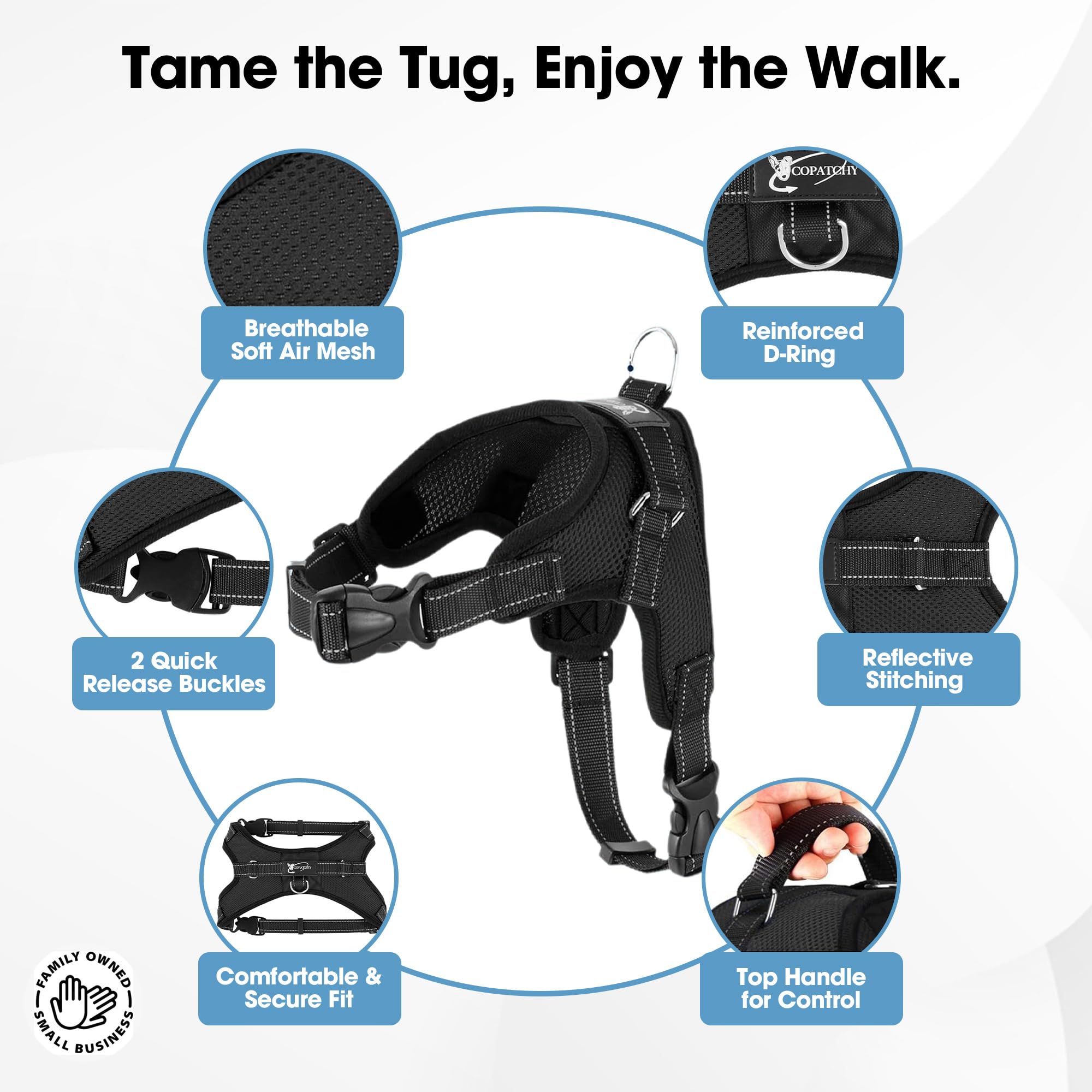 Copatchy No Pull Reflective Adjustable Dog Harness With Handle (Large Black)