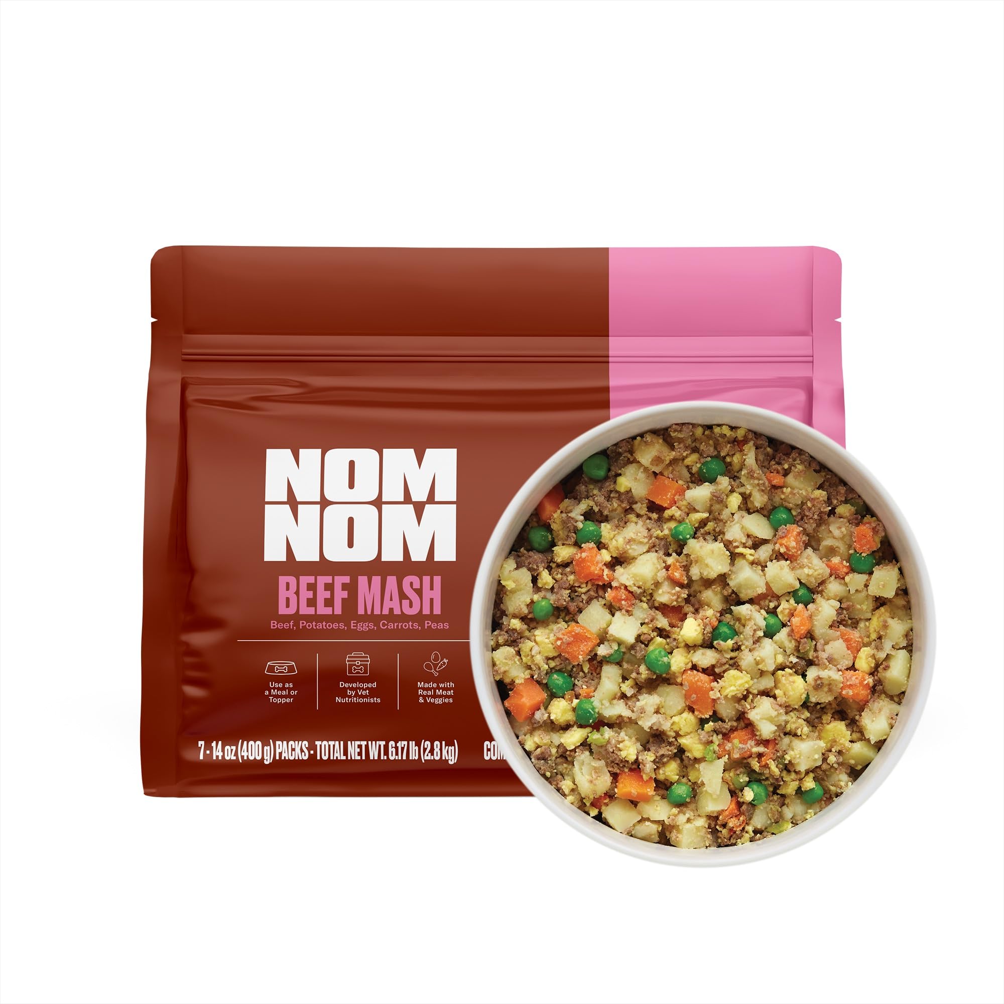 Nom Nom Freshly-Made Frozen Grain-Free Beef Mash Dog Food - Vet-Formulated Meal or Topper with Real Beef & Veggies - Complete & 