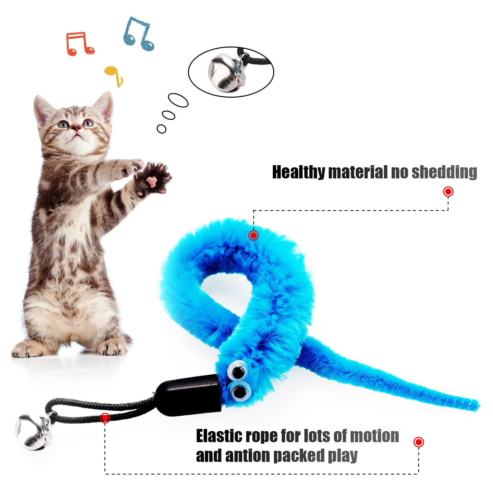 Cobee Cat Toys Wand Replacement, 6Pcs Furry Tail Worms With Bells + Cat Fishing Pole Toy, Cat Wand Toy Replacement Refills, Assorted Teaser Refills With Bell For Cat Kitten