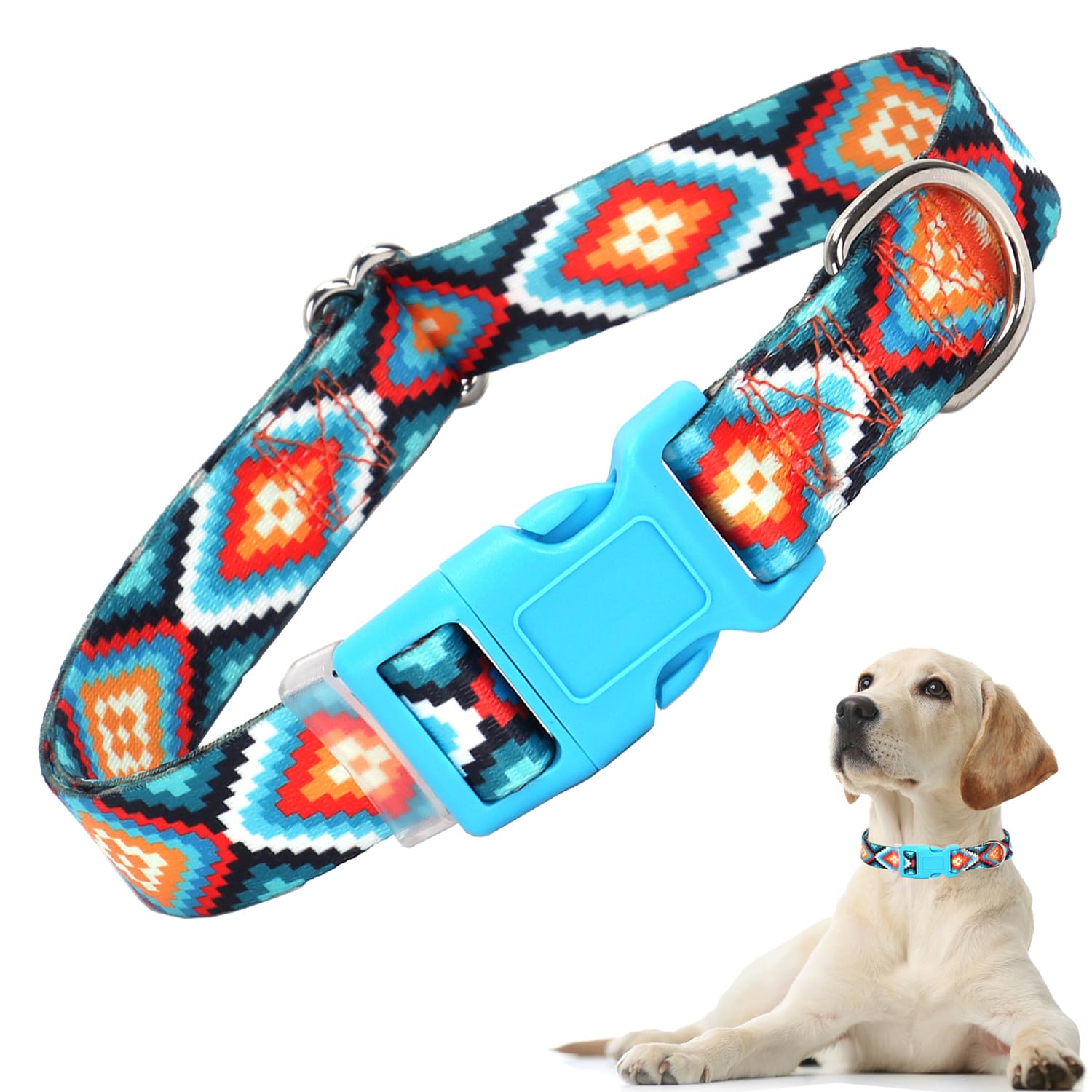 Dog Collar For Small Dogs With Blue African Tribal Mexican Native Boho Pattern, Adjustable Pet Collars For Girl Boy Puppy Dogs X