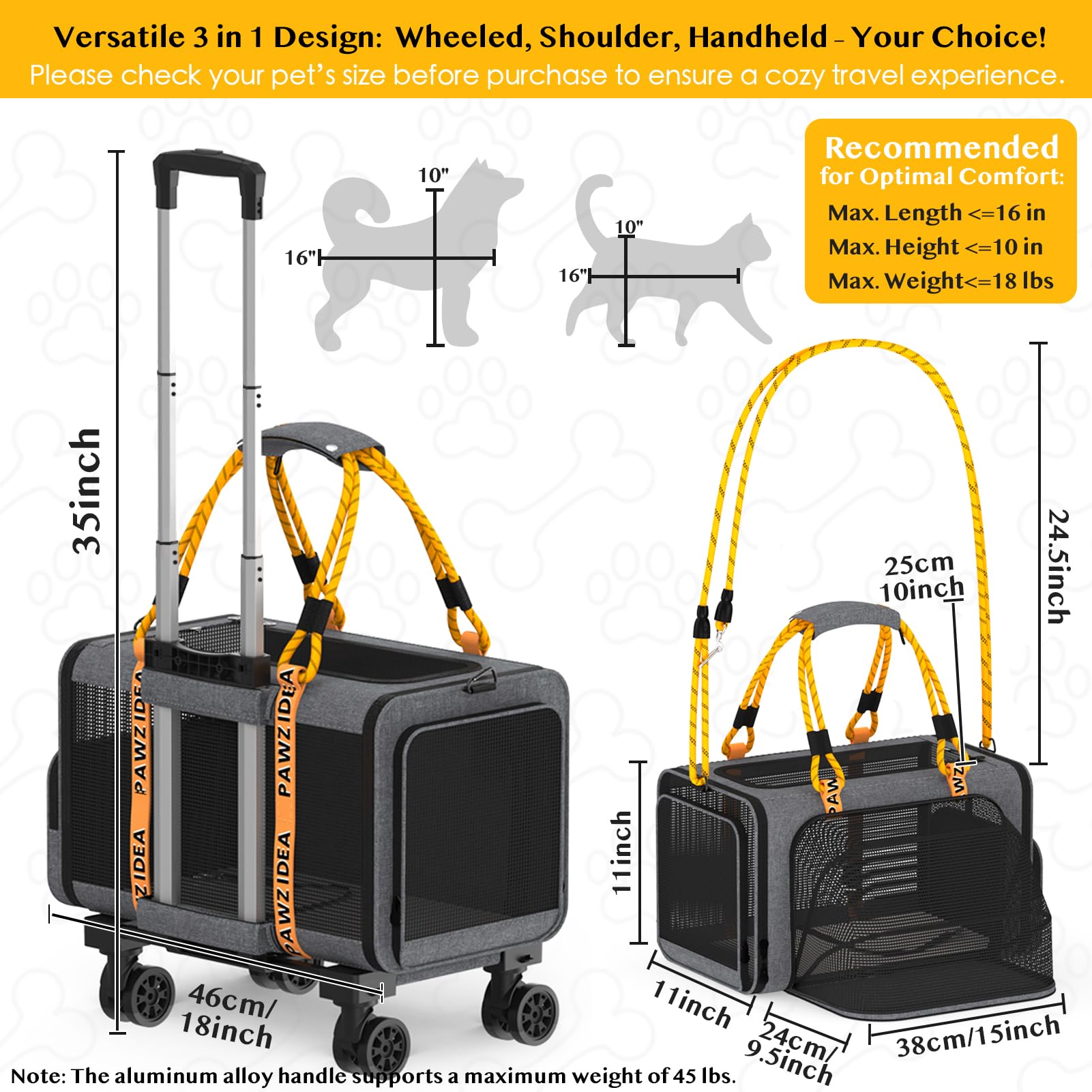 Pawzidea Expandable Pet Carrier With Wheels, 18X11X11 Tsa Airline Approved Cat Carrier W/Id Card For 2 Cats, Small Dog Carrier C